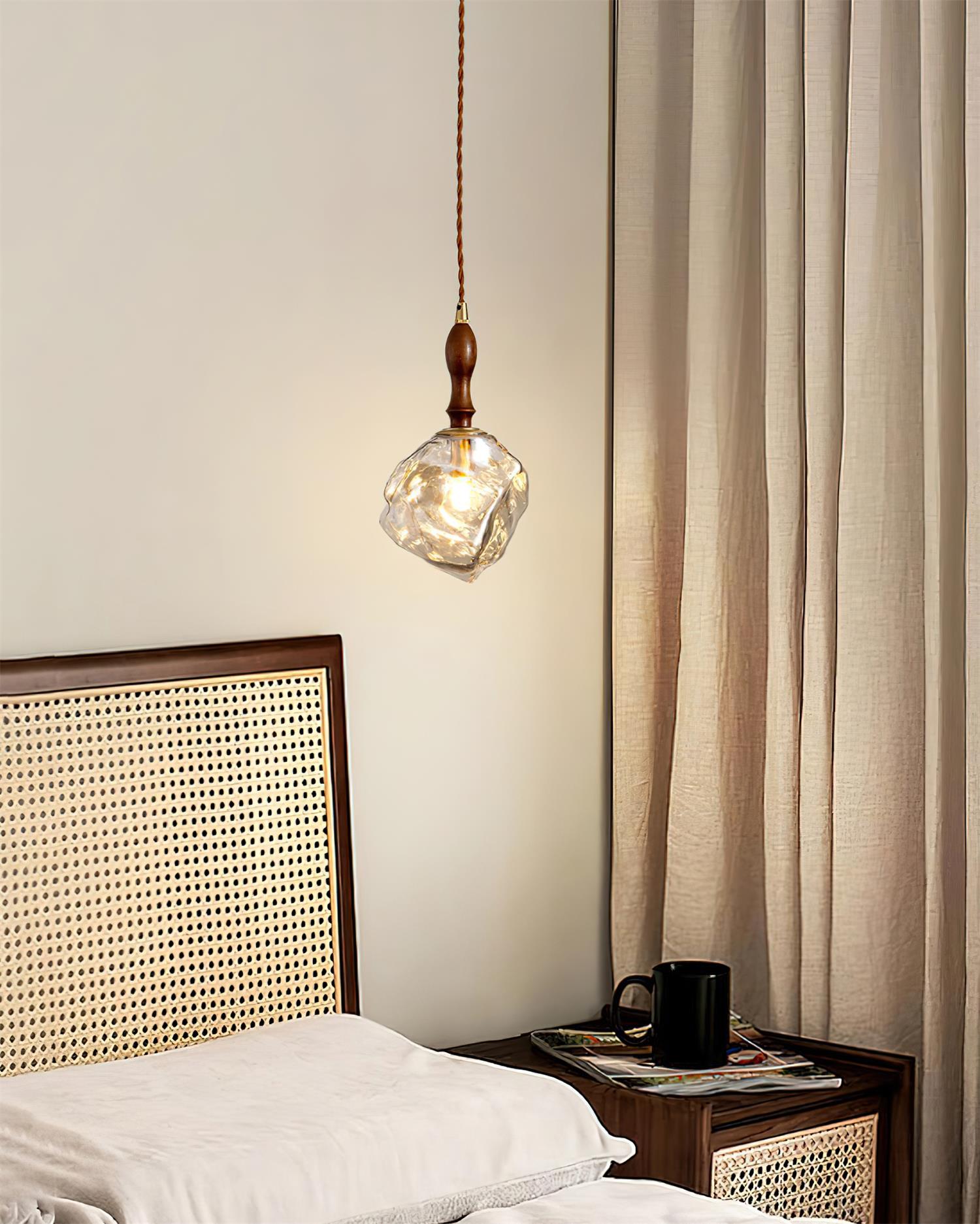 Pendant Lamp Walnut Wood Glass Cube Shade Sculptural Chic - Letslighting