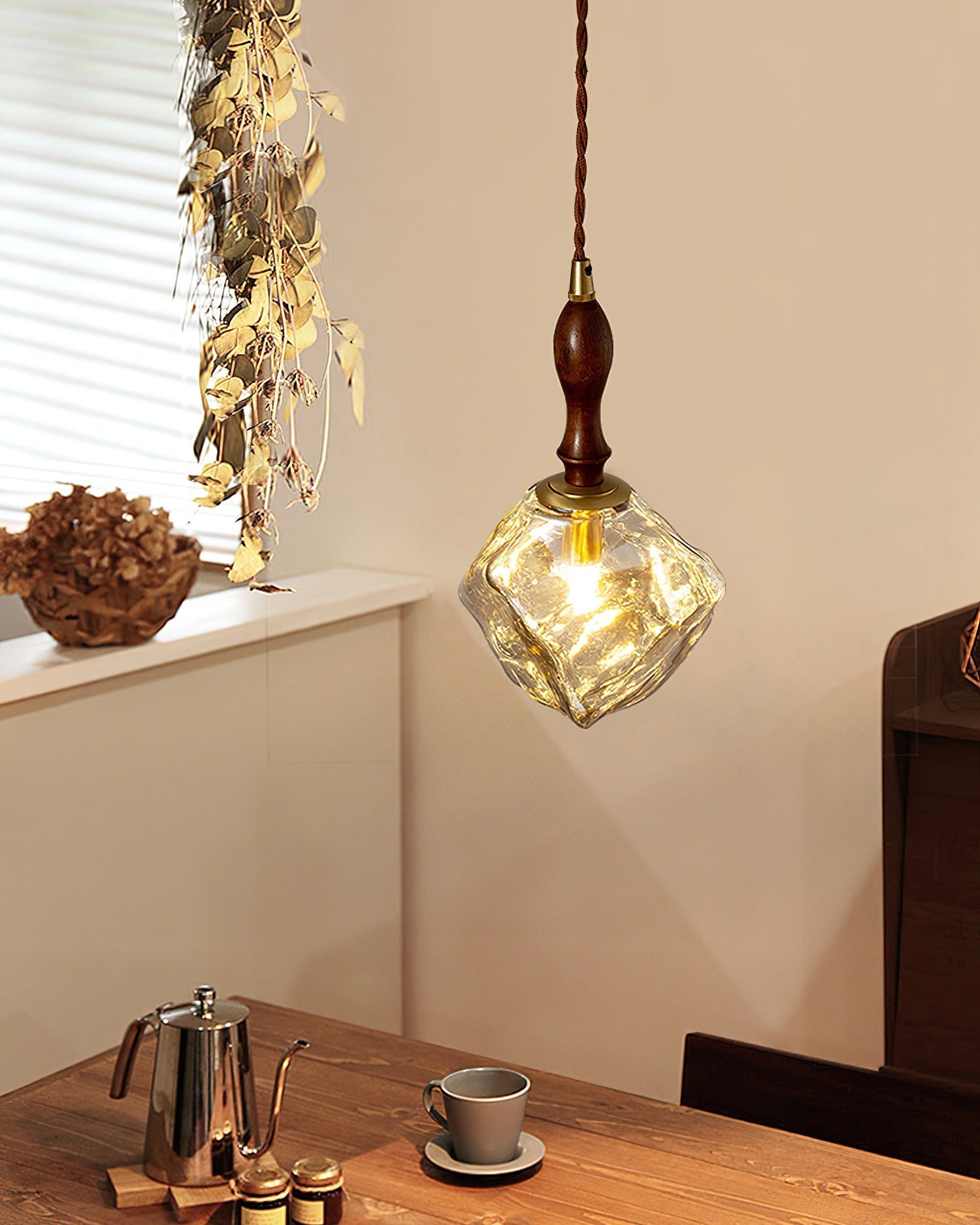Pendant Lamp Walnut Wood Glass Cube Shade Sculptural Chic - Letslighting