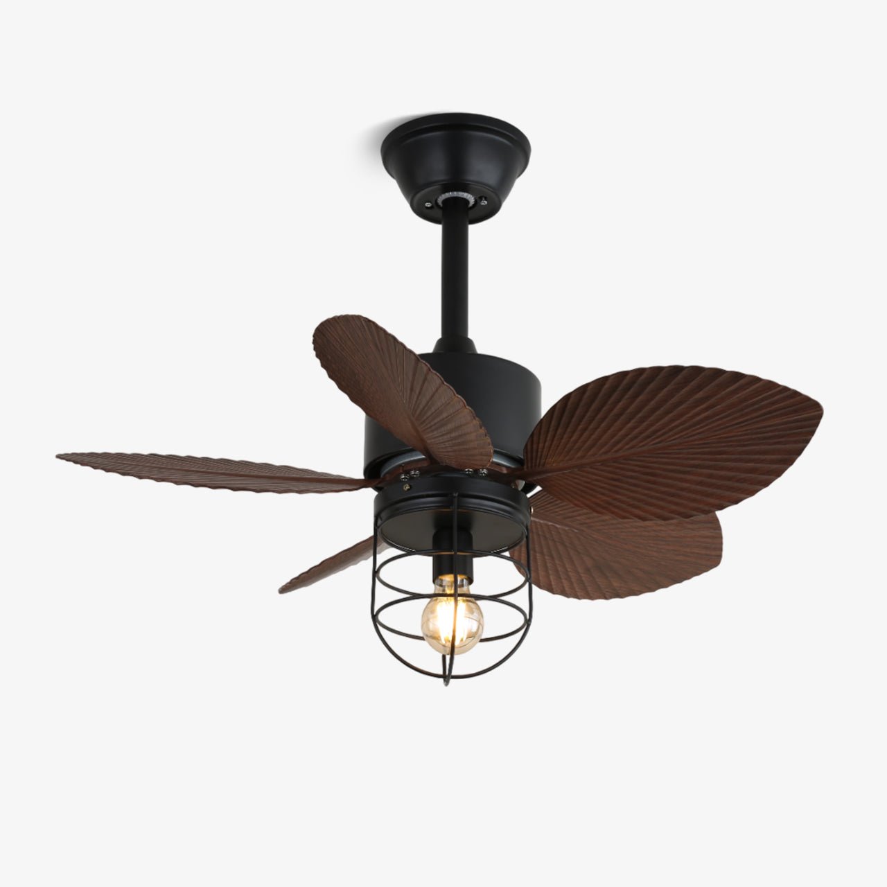 Plafonnier ventilateur industriel Lunair avec pales en bois de noyer et cage métallique