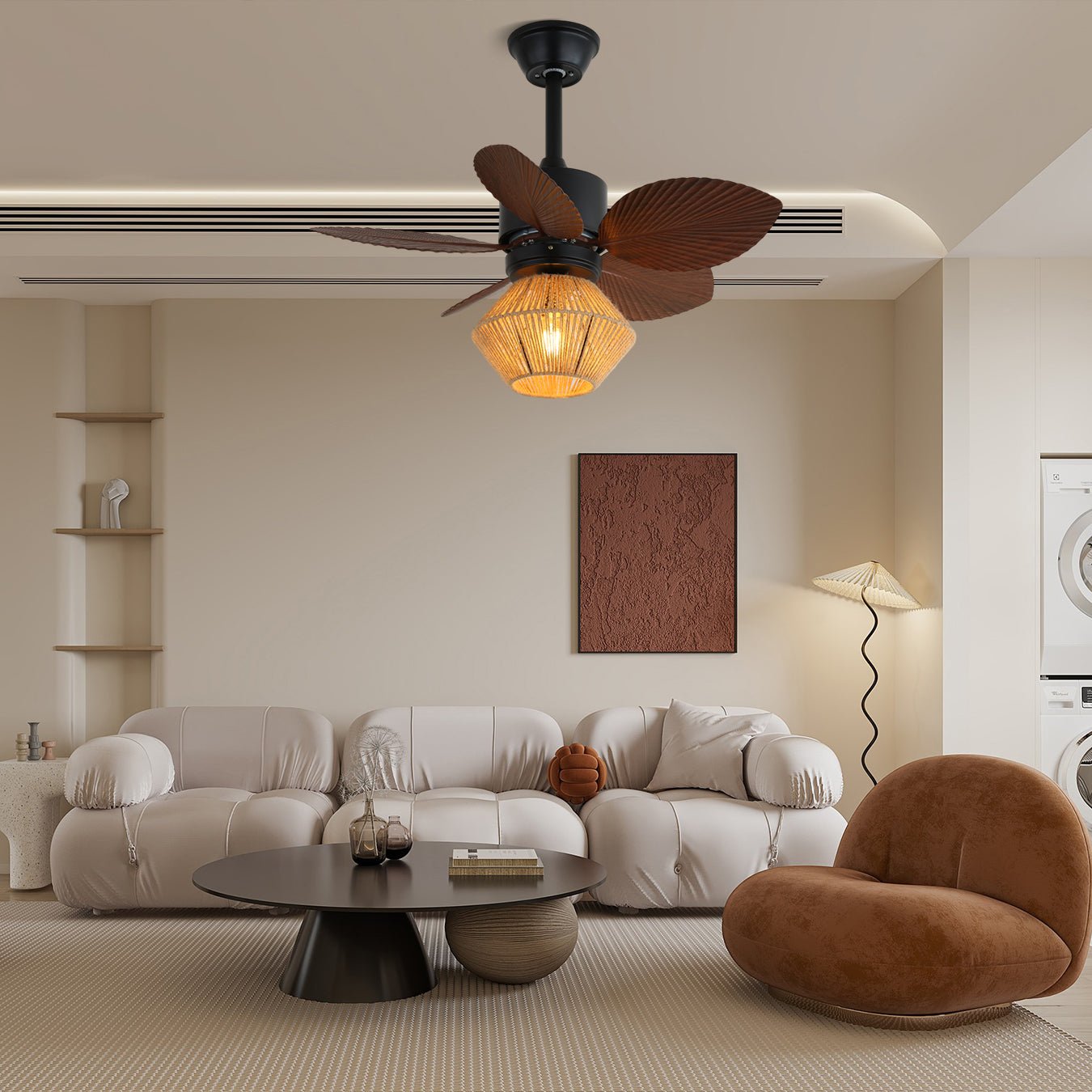 Plafonnier ventilateur Solaya en rotin avec pales de ventilateur