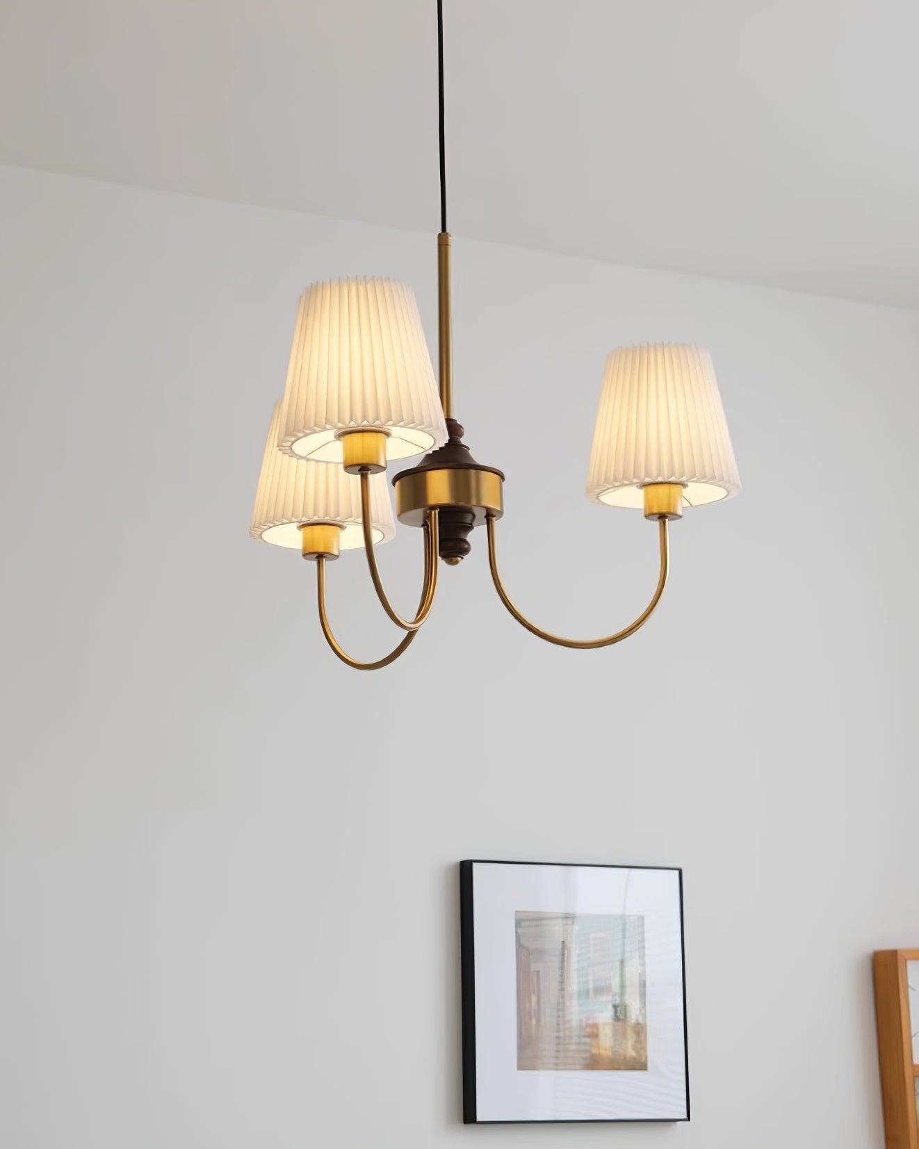 Jeremiah Chandelier Pleated Fabric Shades Brass Wood - Letslighting