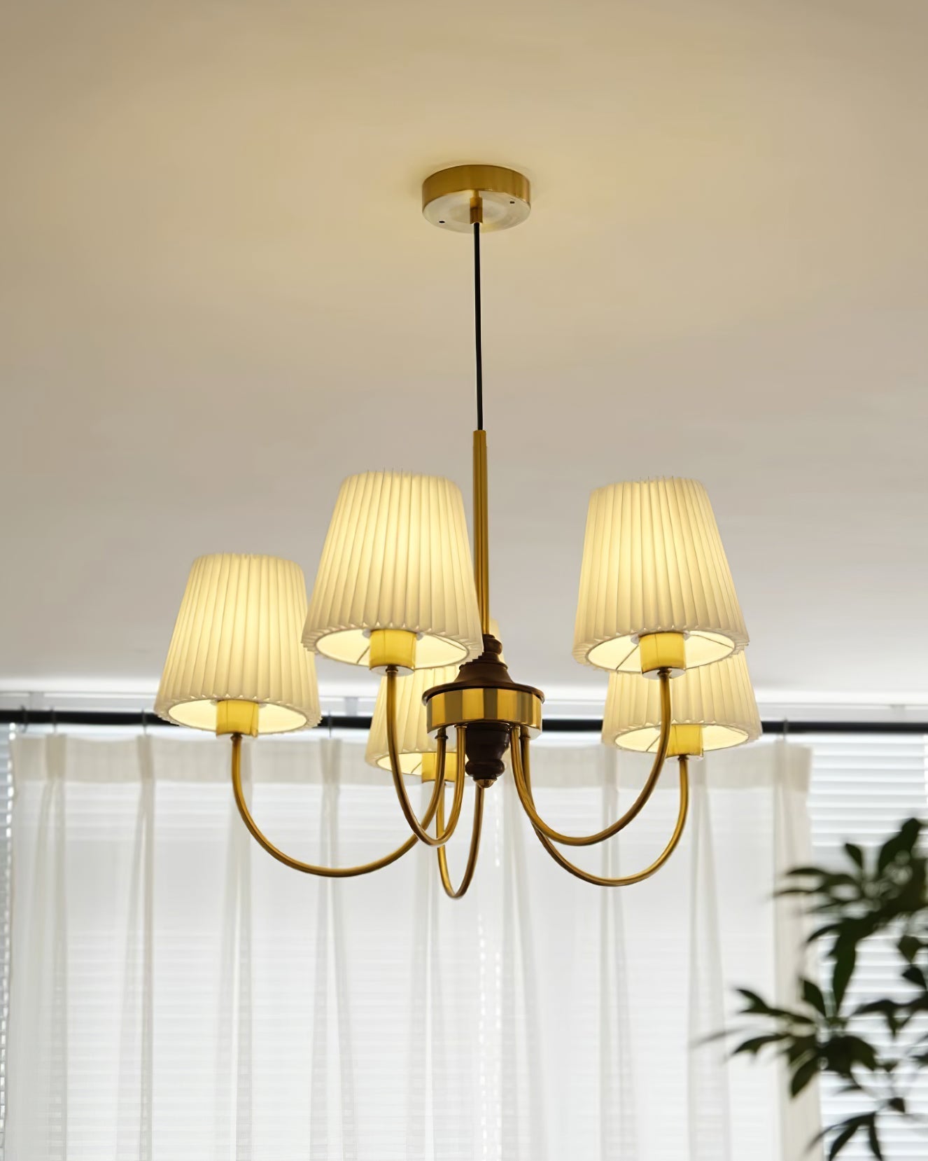 Jeremiah Chandelier Pleated Fabric Shades Brass Wood - Letslighting