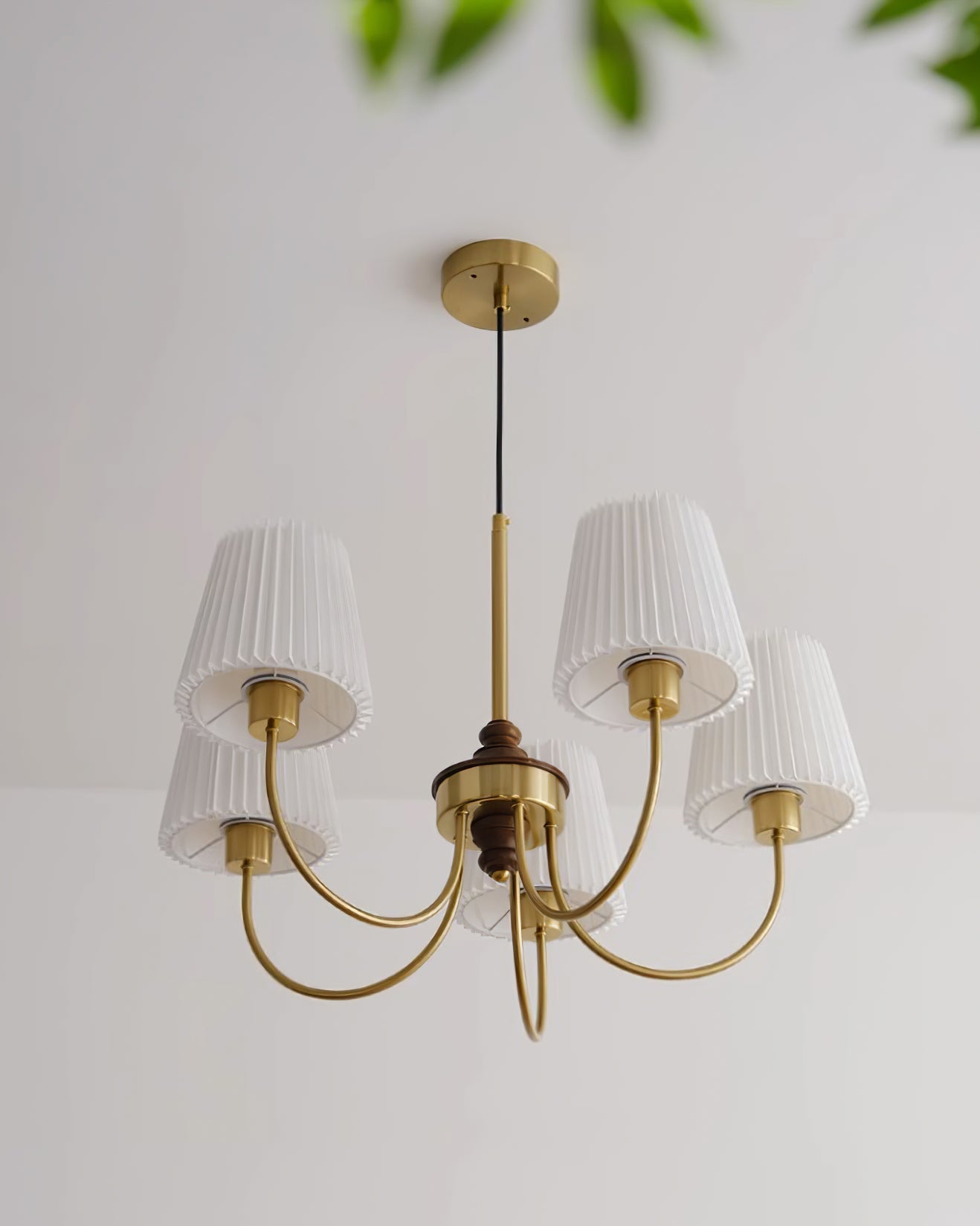 Jeremiah Chandelier Pleated Fabric Shades Brass Wood - Letslighting