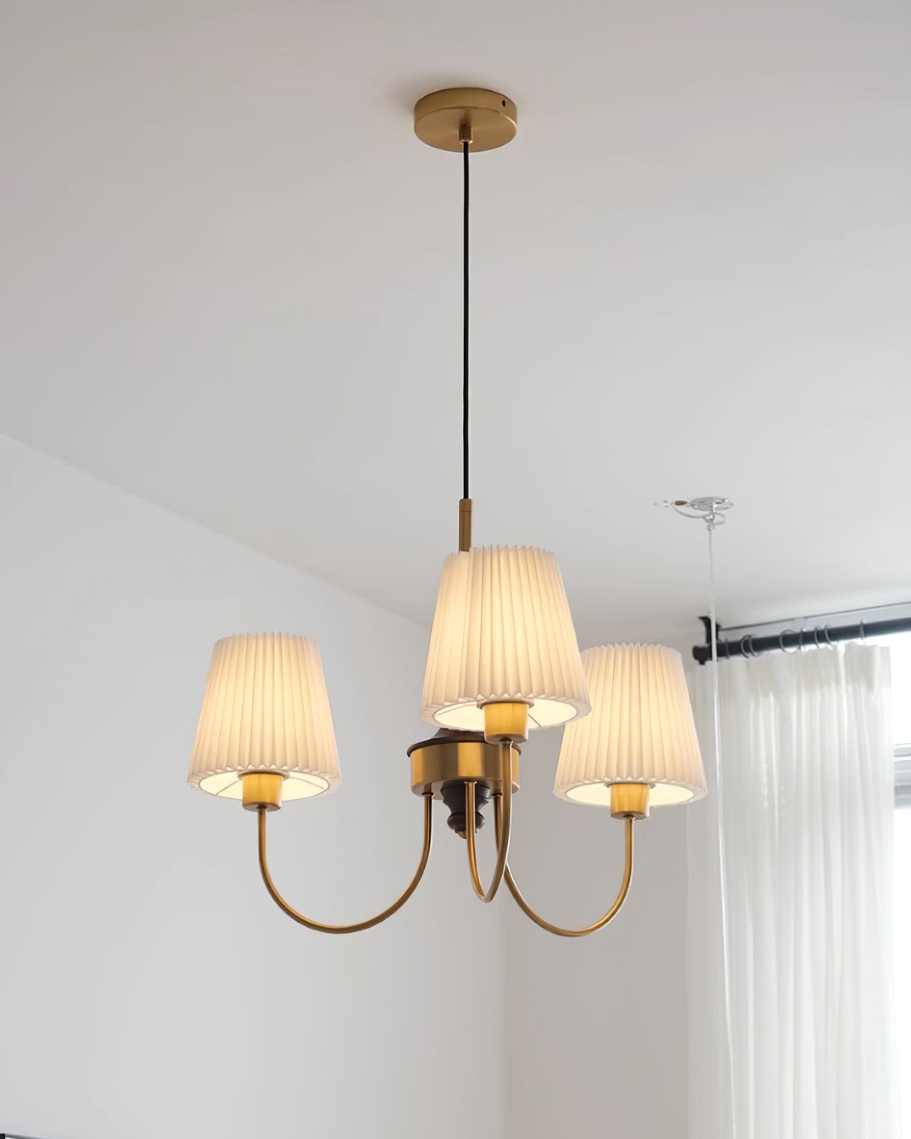Jeremiah Chandelier Pleated Fabric Shades Brass Wood - Letslighting