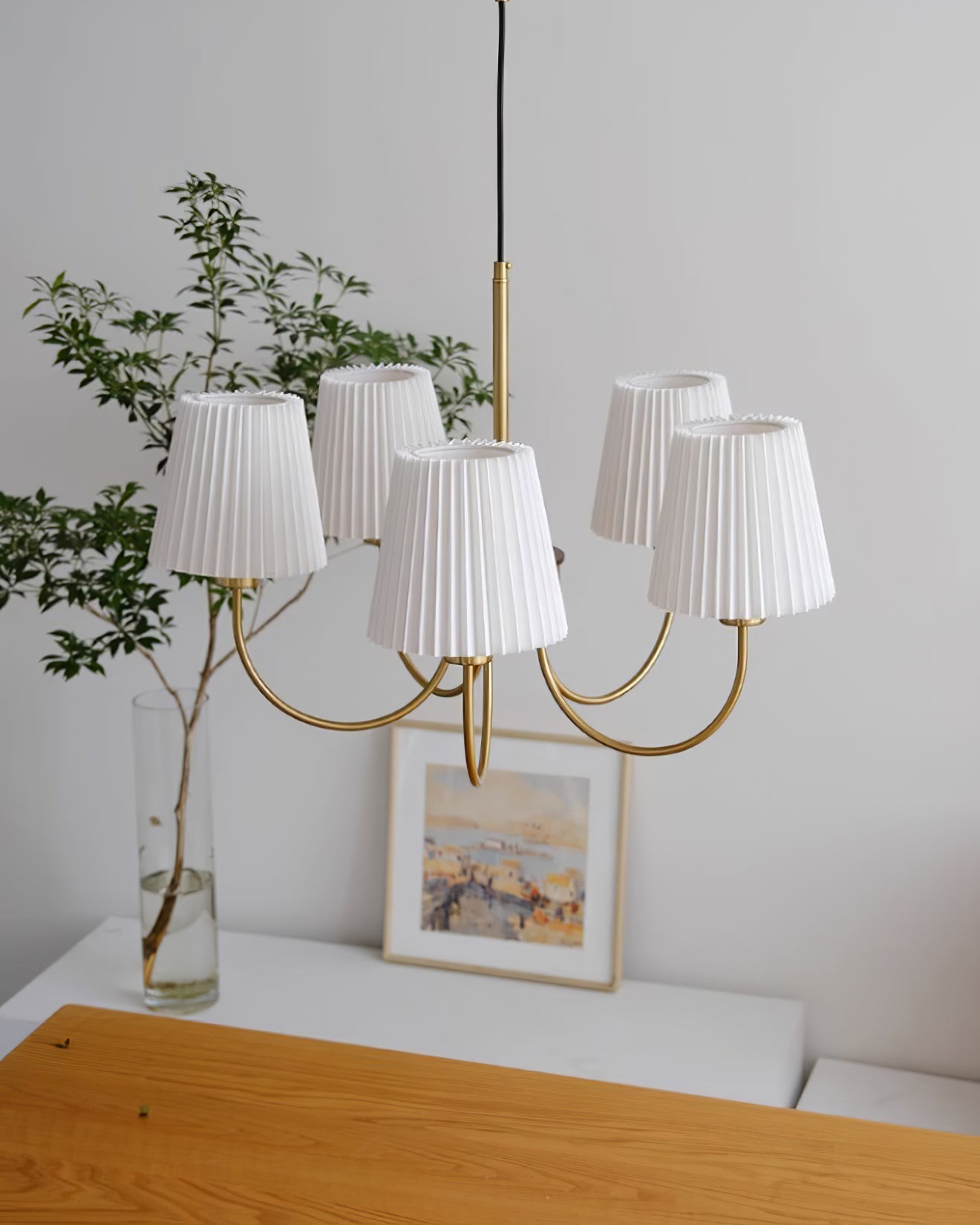Jeremiah Chandelier Pleated Fabric Shades Brass Wood - Letslighting