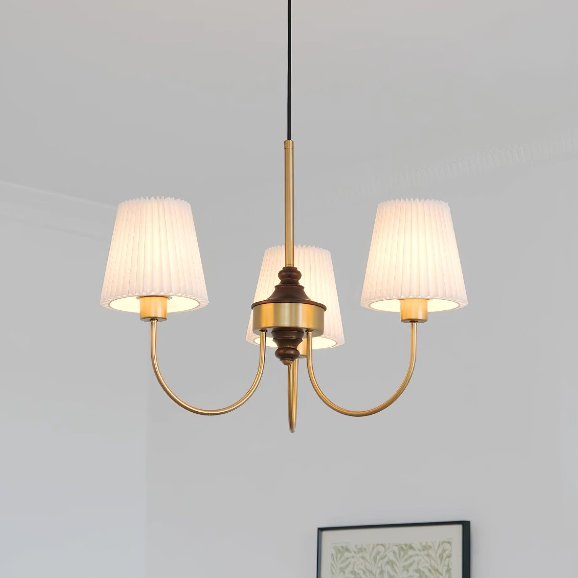 Jeremiah Chandelier Pleated Fabric Shades Brass Wood - Letslighting
