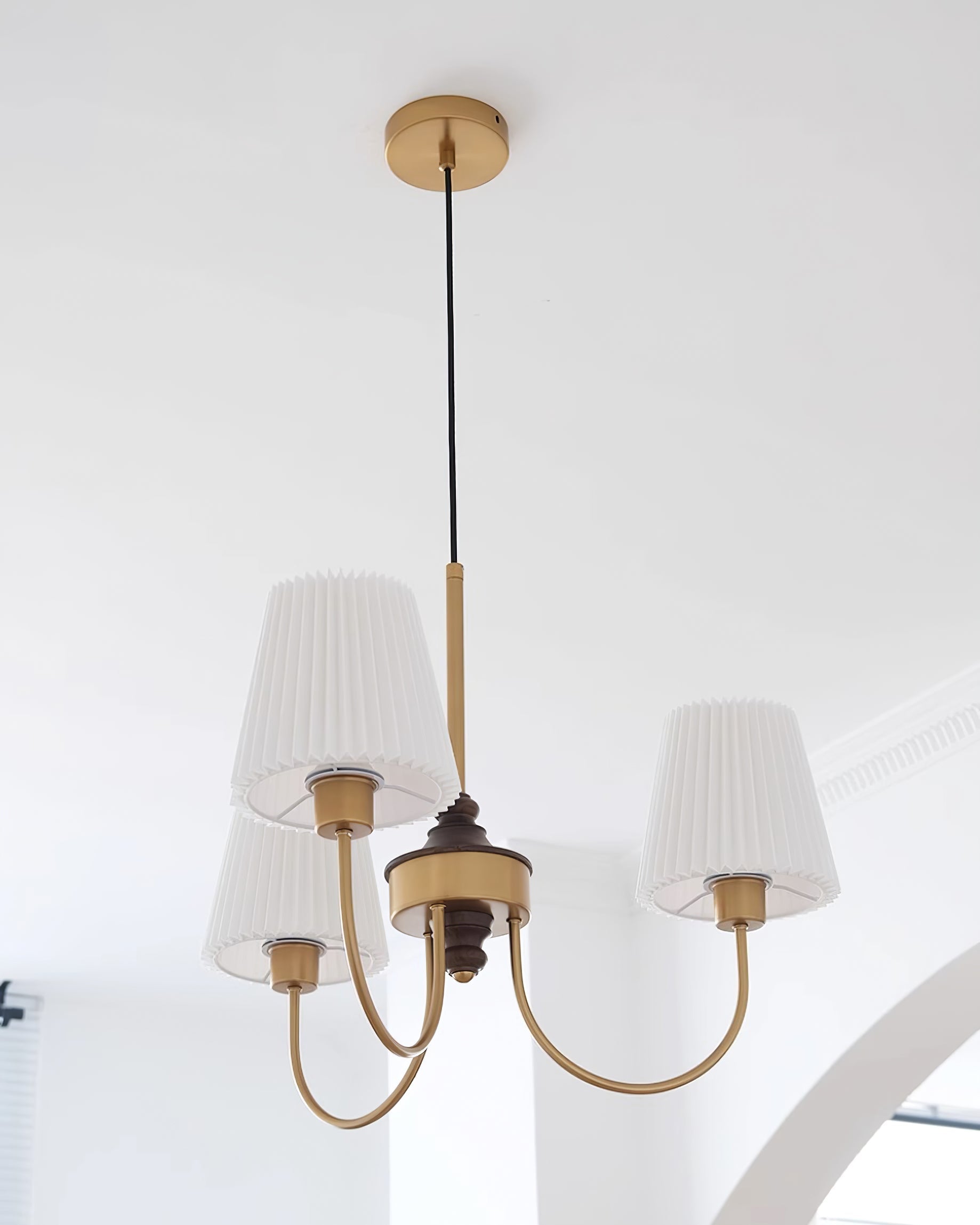 Jeremiah Chandelier Pleated Fabric Shades Brass Wood - Letslighting