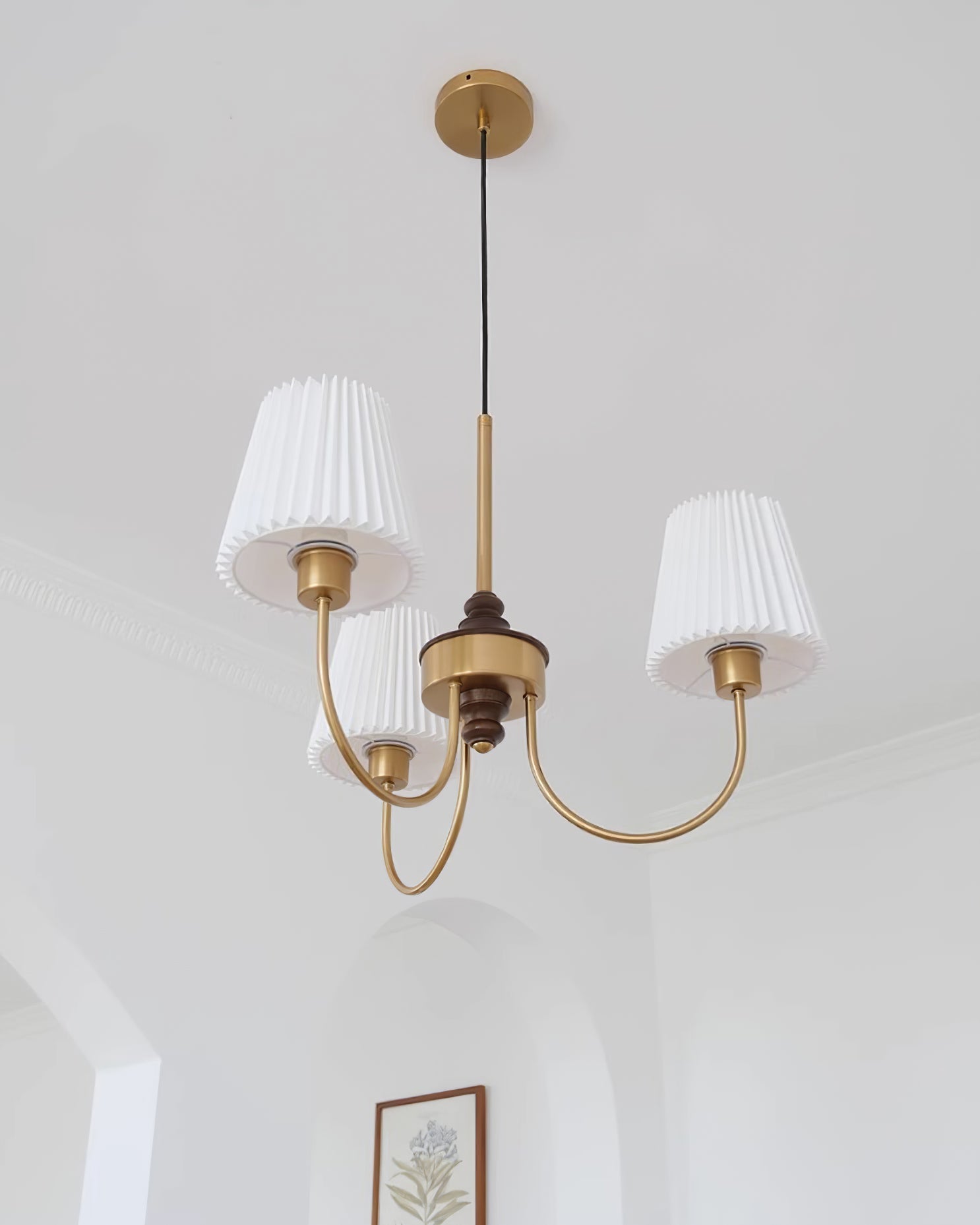 Jeremiah Chandelier Pleated Fabric Shades Brass Wood - Letslighting