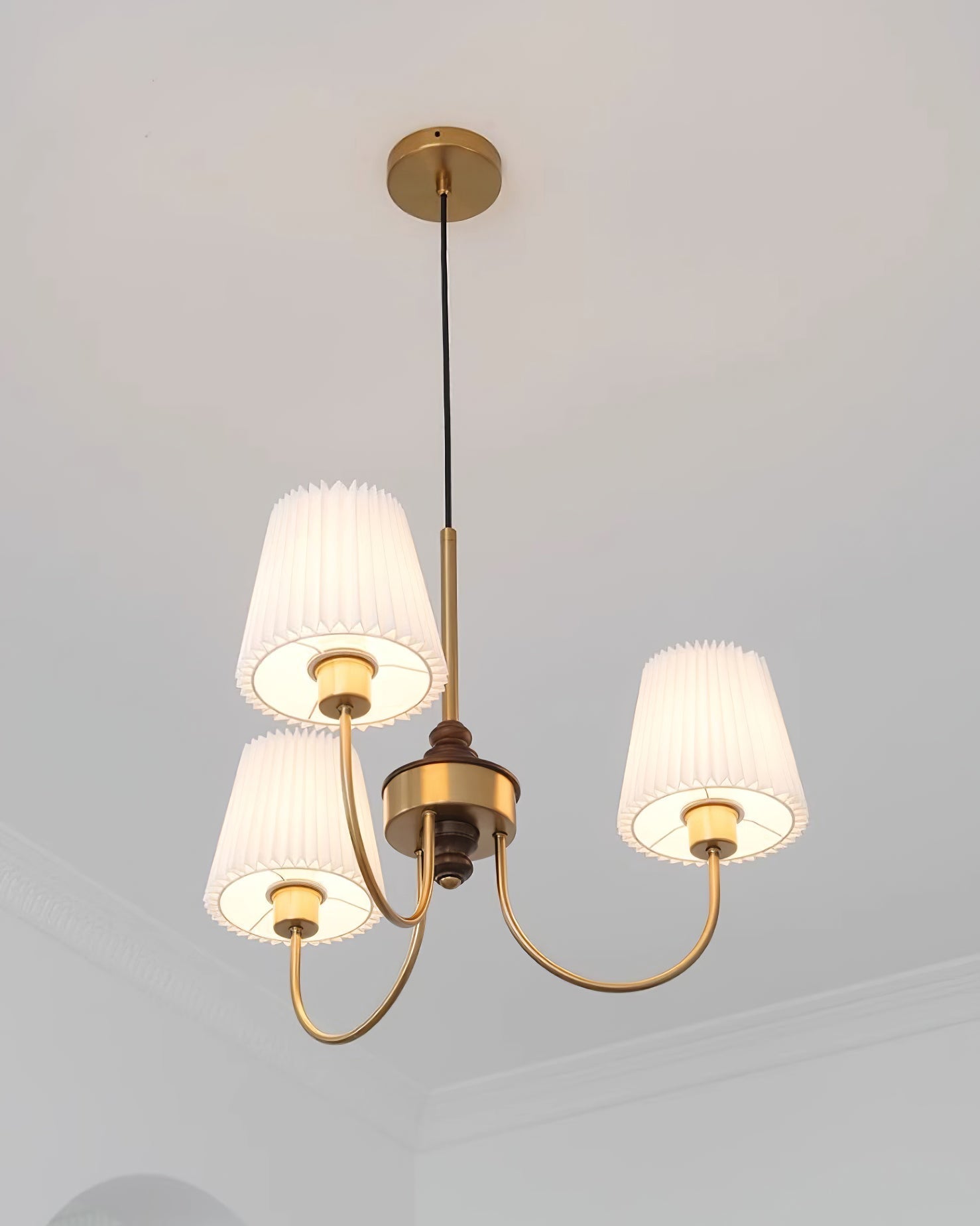 Jeremiah Chandelier Pleated Fabric Shades Brass Wood - Letslighting