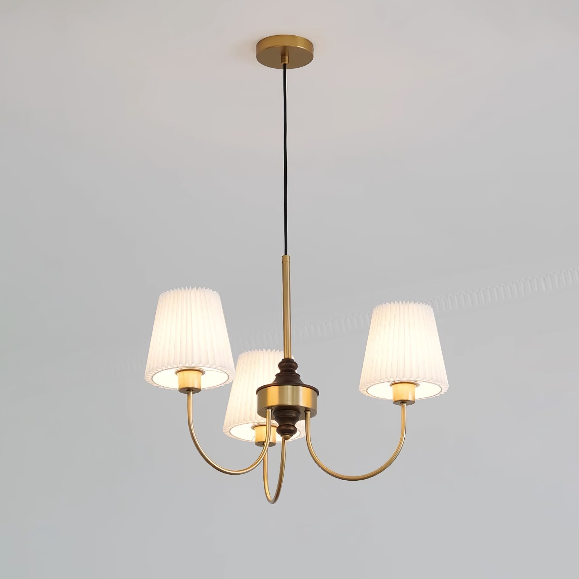 Jeremiah Chandelier Pleated Fabric Shades Brass Wood - Letslighting