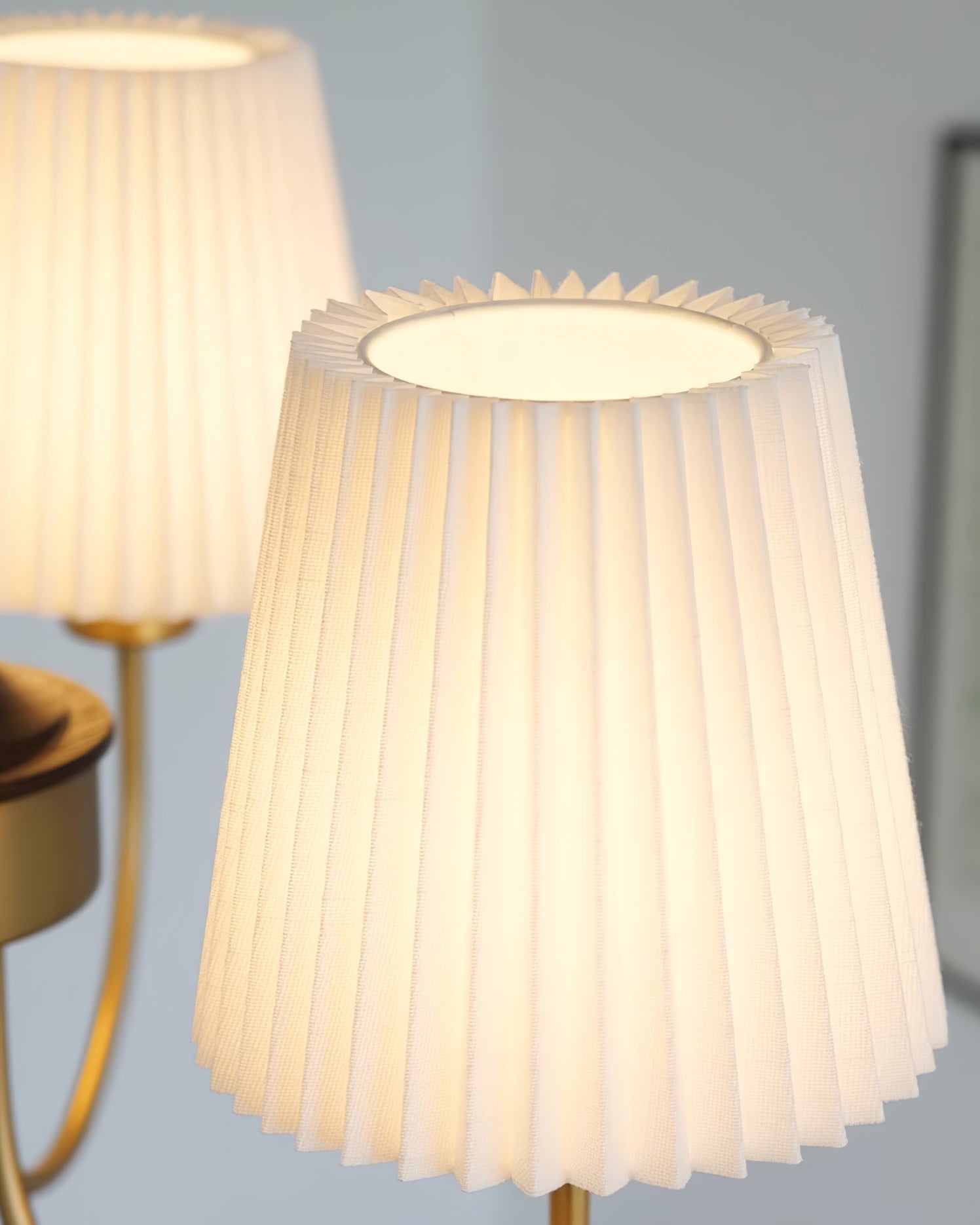 Jeremiah Chandelier Pleated Fabric Shades Brass Wood - Letslighting