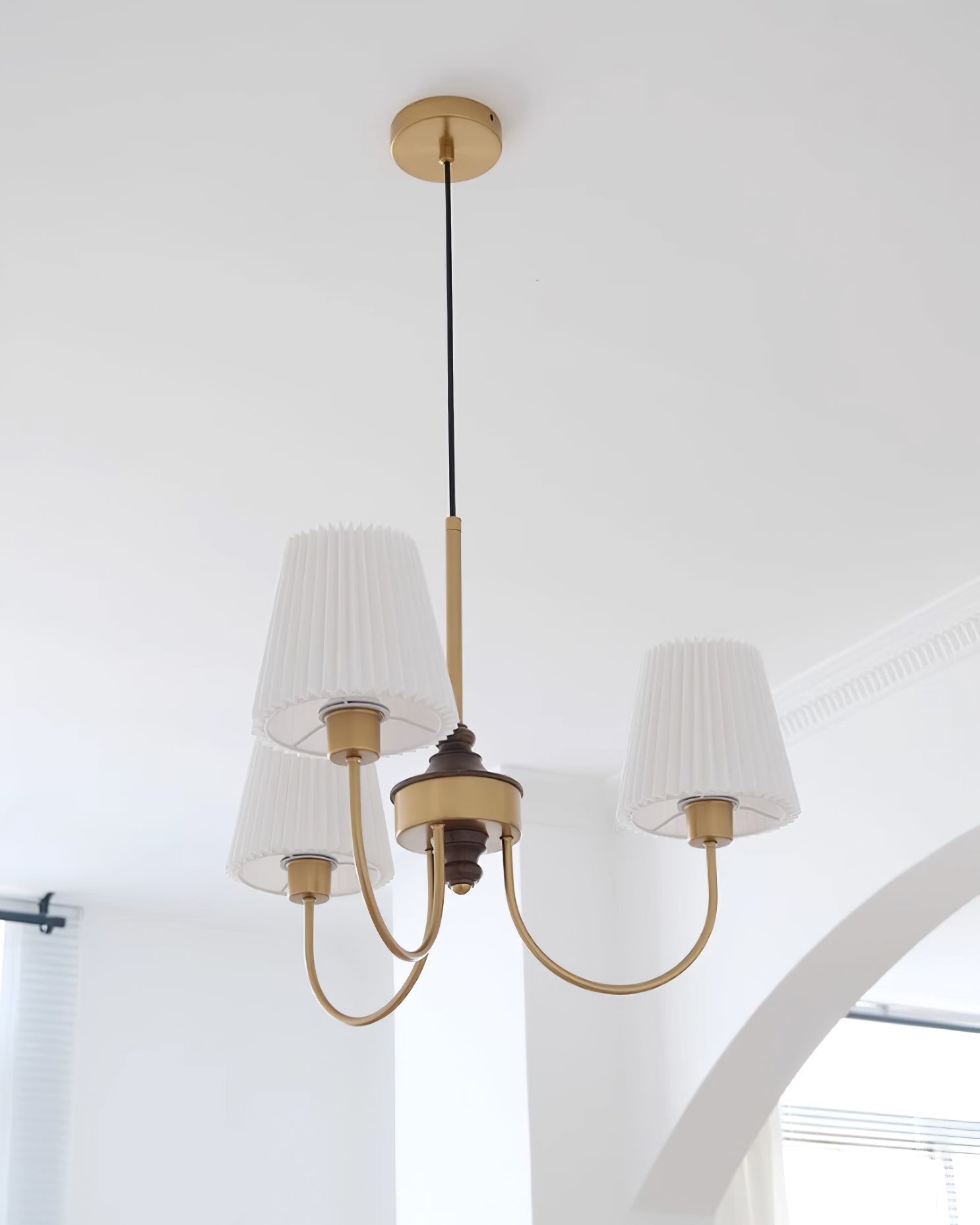Jeremiah Chandelier Pleated Fabric Shades Brass Wood - Letslighting