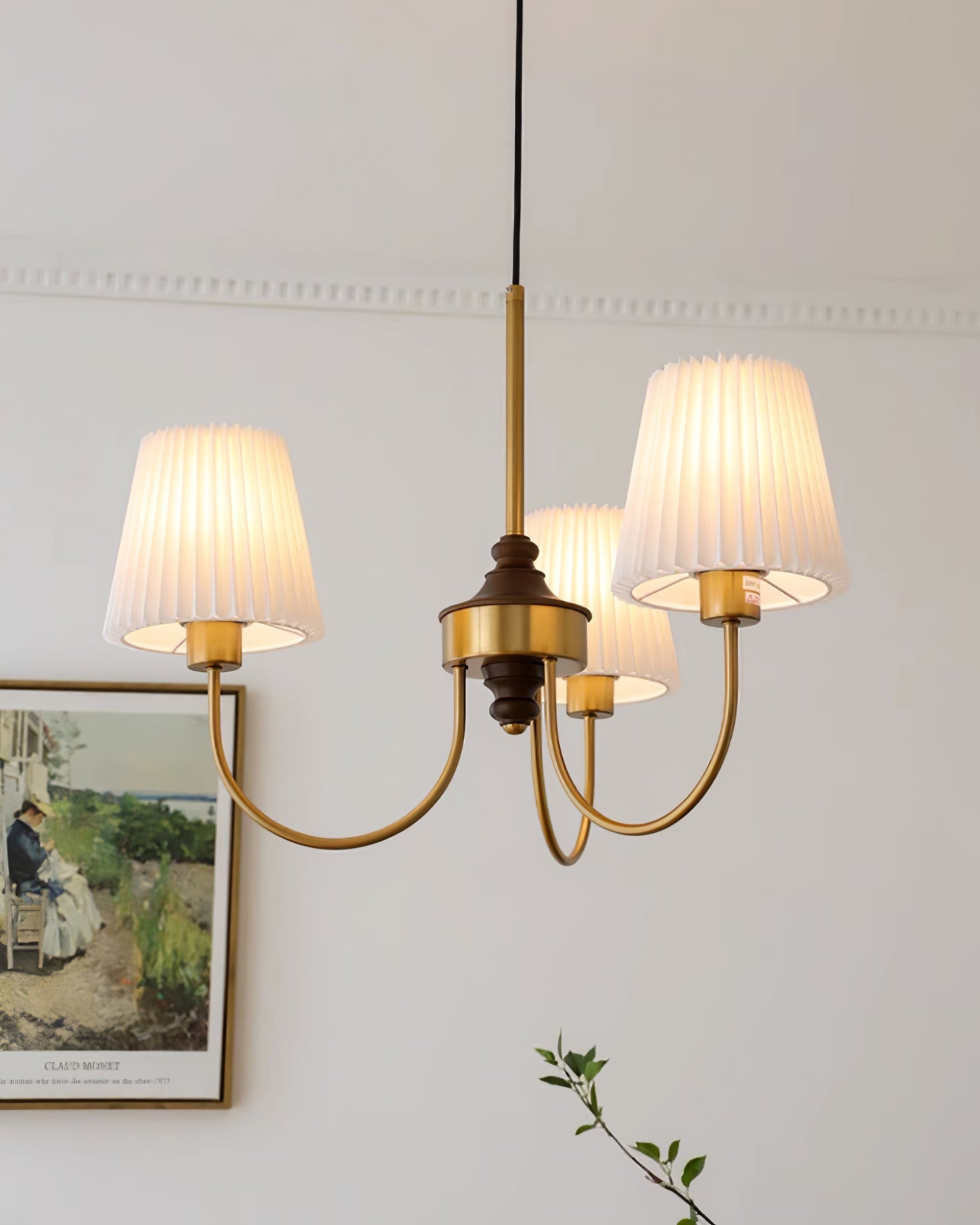 Jeremiah Chandelier Pleated Fabric Shades Brass Wood - Letslighting
