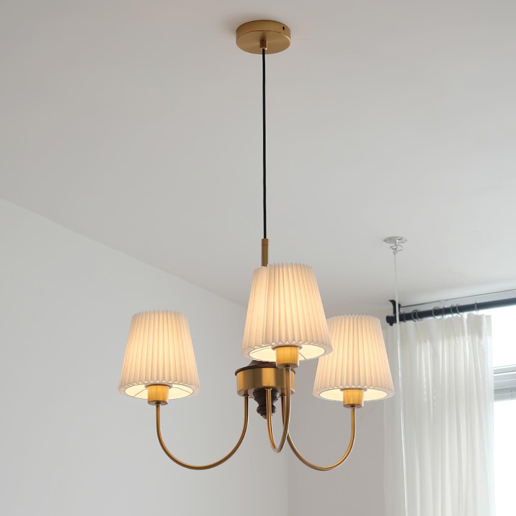 Jeremiah Chandelier Pleated Fabric Shades Brass Wood - Letslighting
