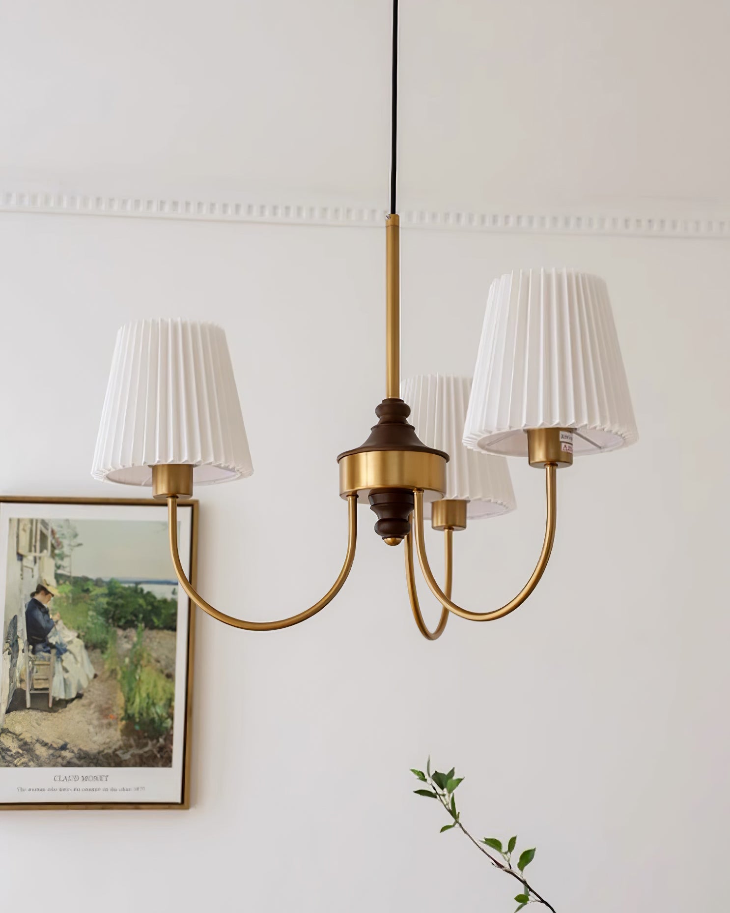 Jeremiah Chandelier Pleated Fabric Shades Brass Wood - Letslighting