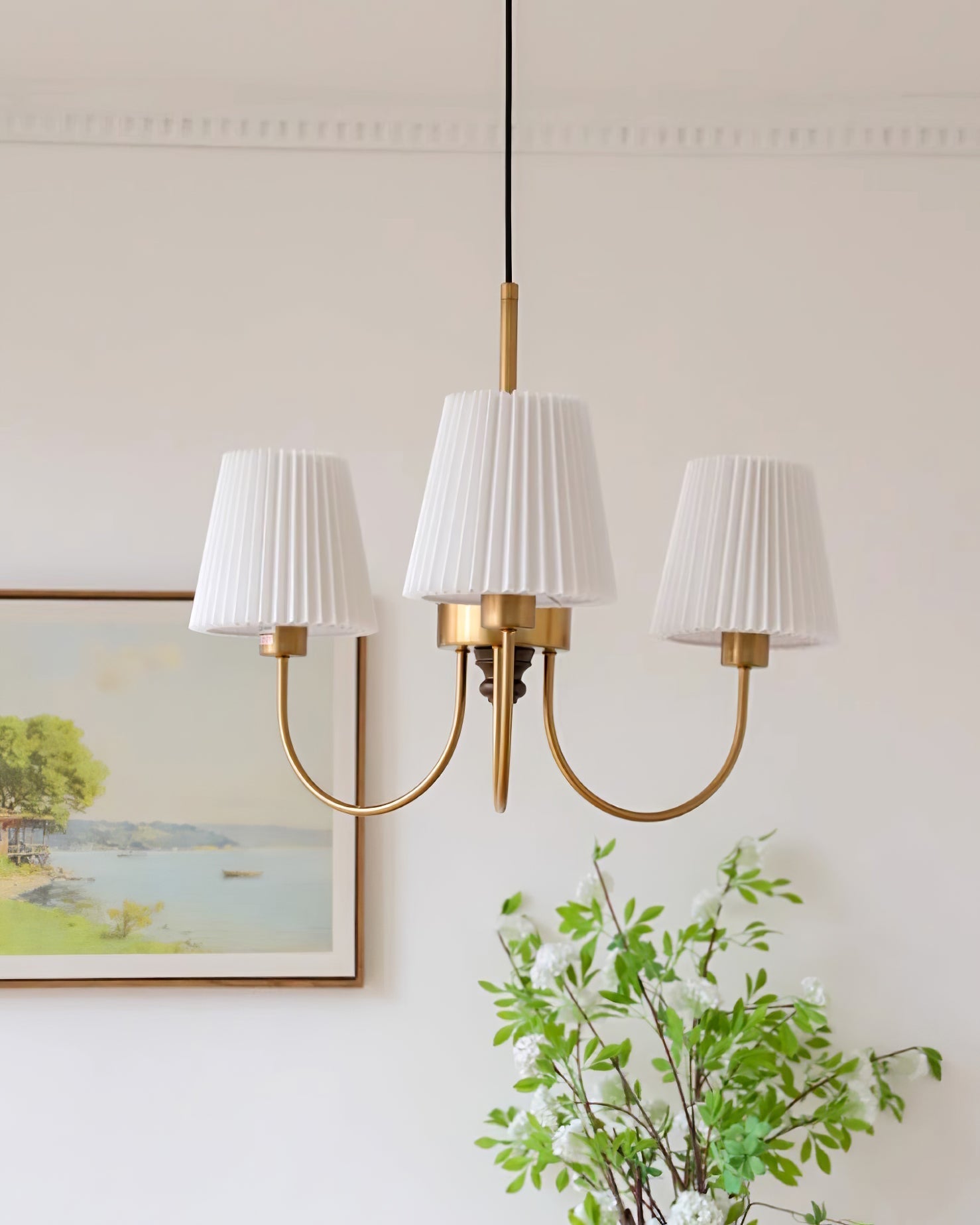 Jeremiah Chandelier Pleated Fabric Shades Brass Wood - Letslighting