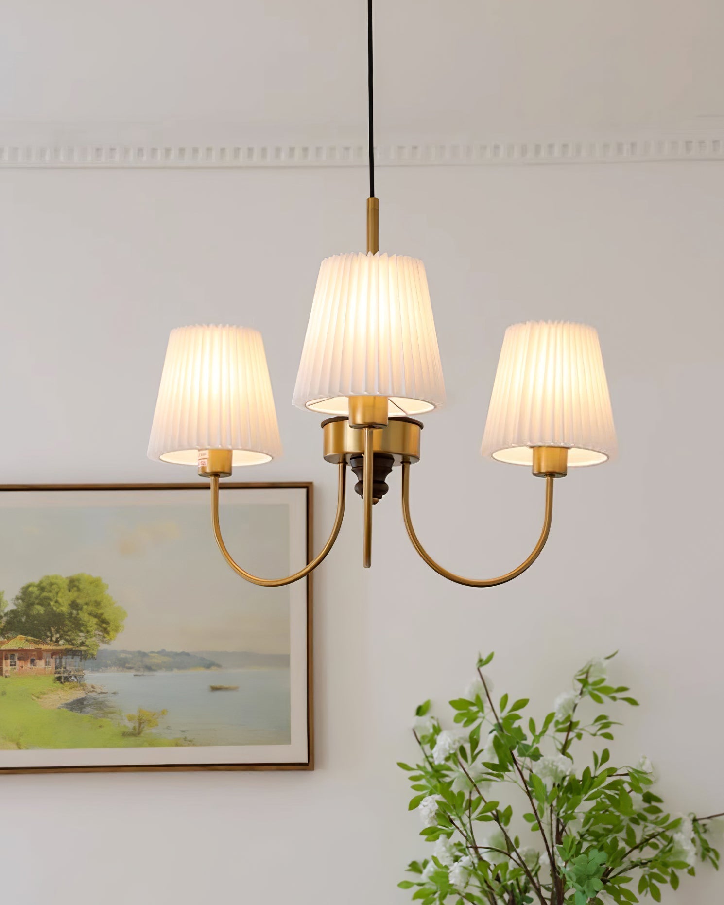 Jeremiah Chandelier Pleated Fabric Shades Brass Wood - Letslighting