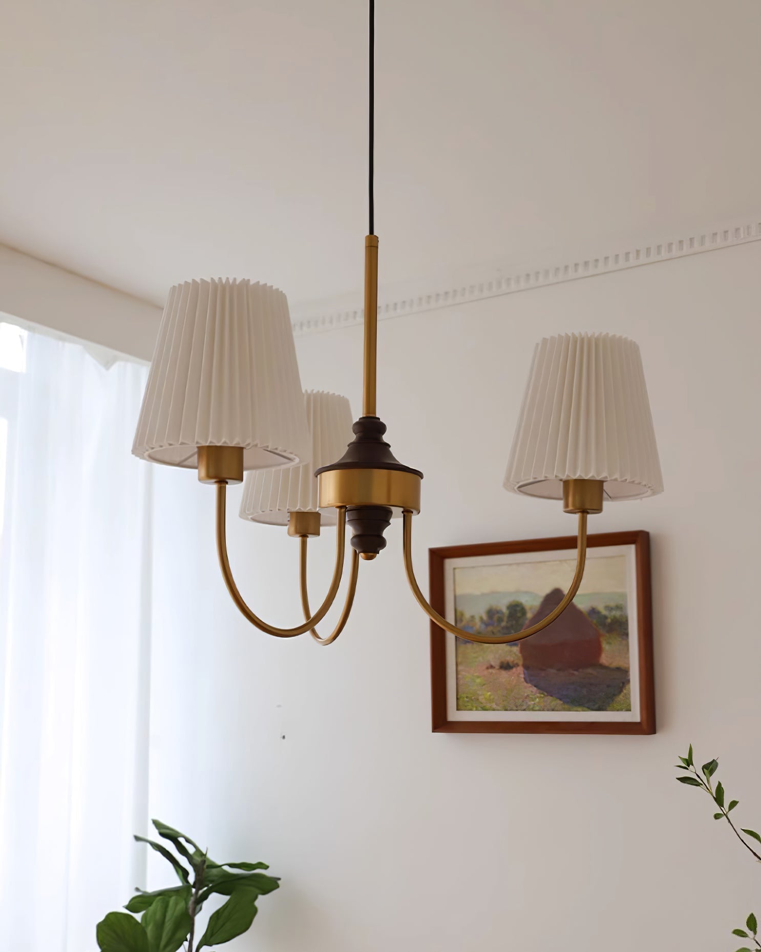 Jeremiah Chandelier Pleated Fabric Shades Brass Wood - Letslighting