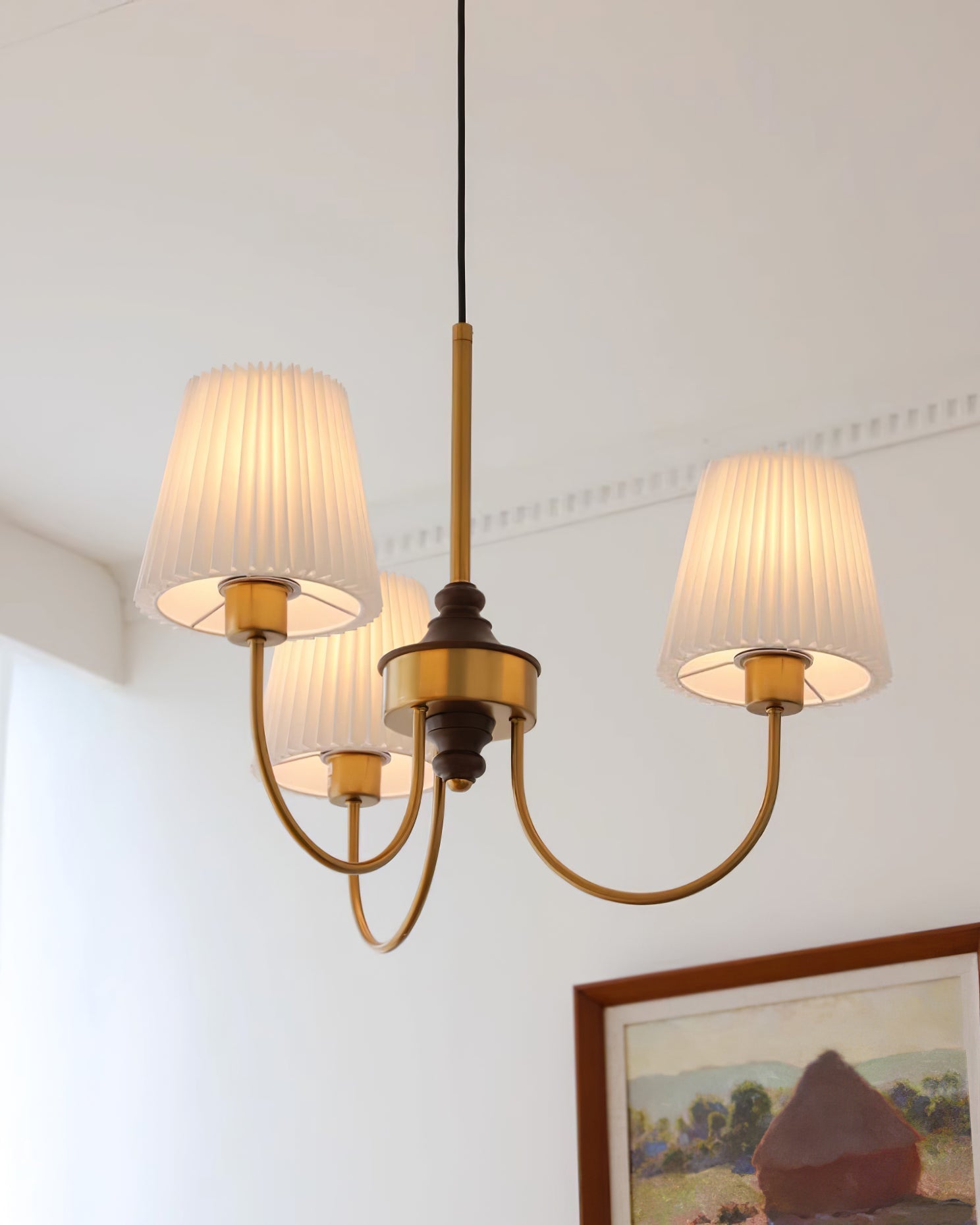Jeremiah Chandelier Pleated Fabric Shades Brass Wood - Letslighting