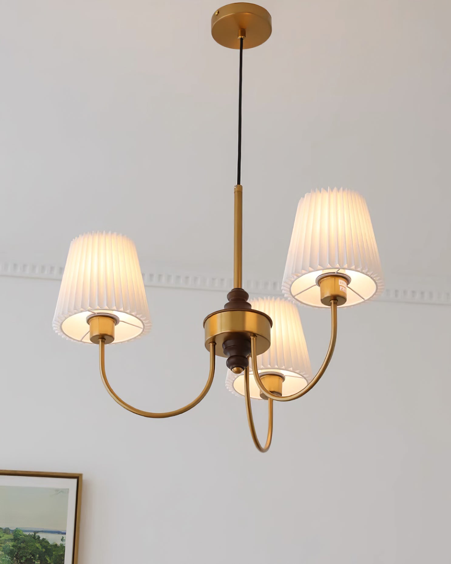 Jeremiah Chandelier Pleated Fabric Shades Brass Wood - Letslighting