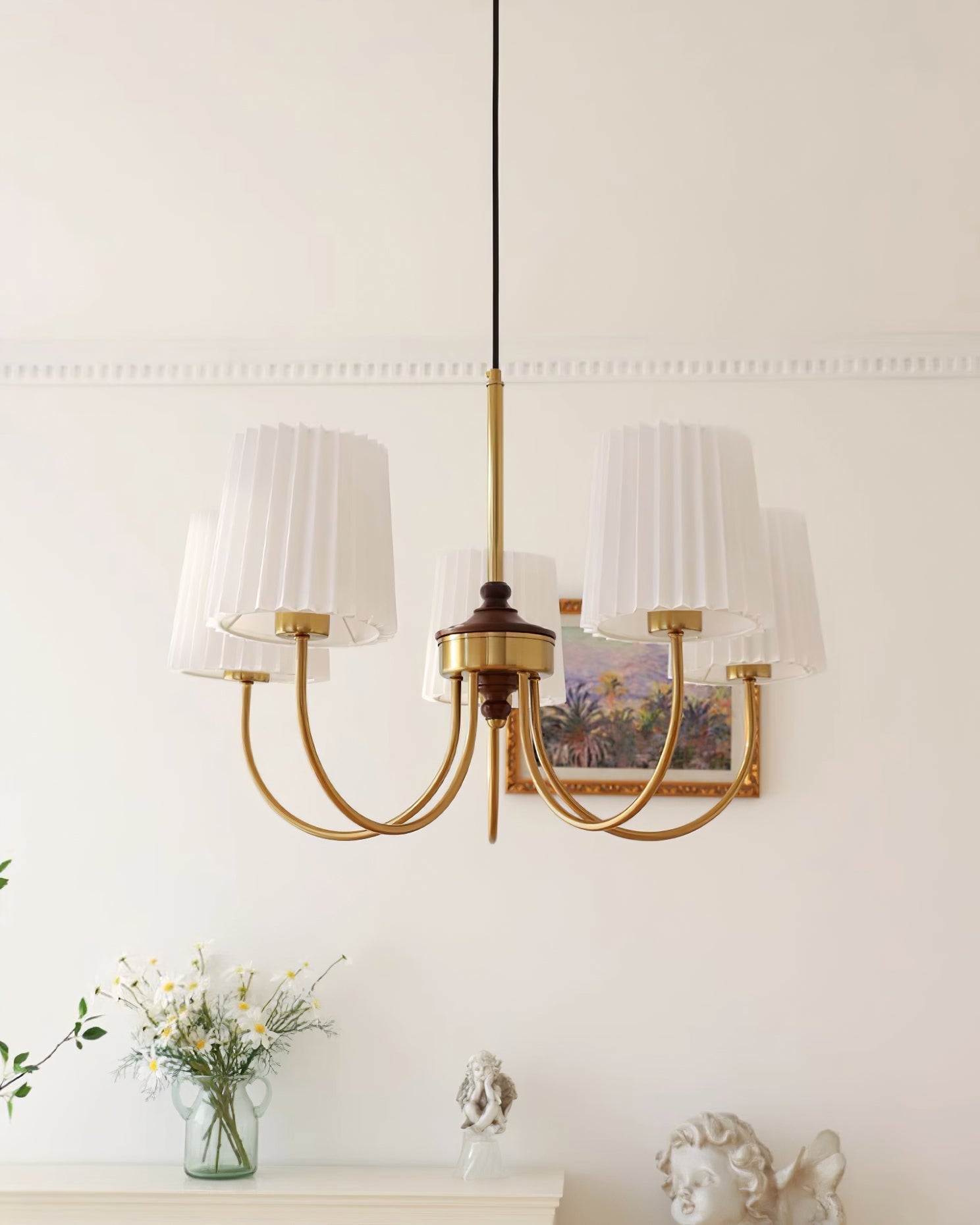 Jeremiah Chandelier Pleated Fabric Shades Brass Wood - Letslighting