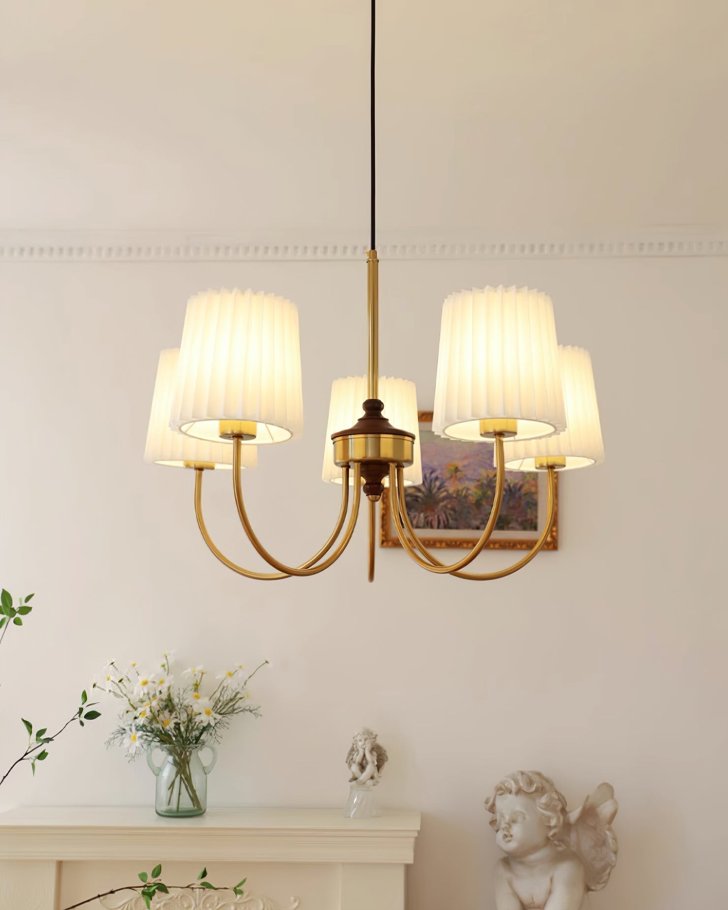 Jeremiah Chandelier Pleated Fabric Shades Brass Wood - Letslighting