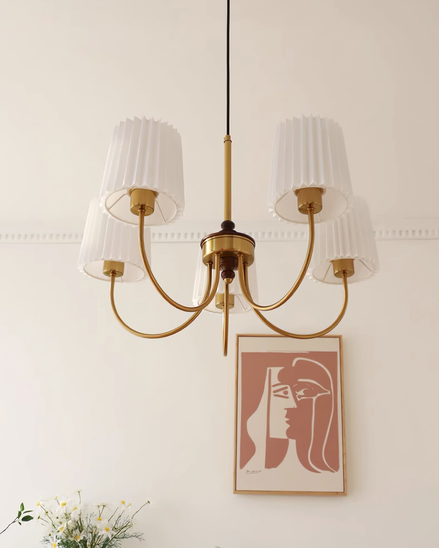 Jeremiah Chandelier Pleated Fabric Shades Brass Wood - Letslighting