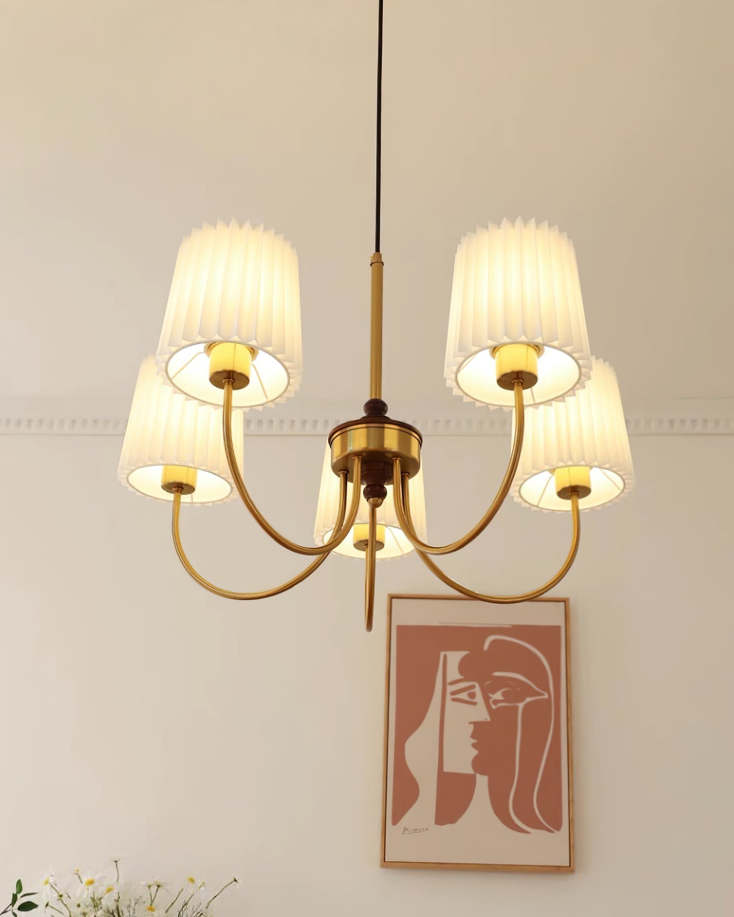 Jeremiah Chandelier Pleated Fabric Shades Brass Wood - Letslighting