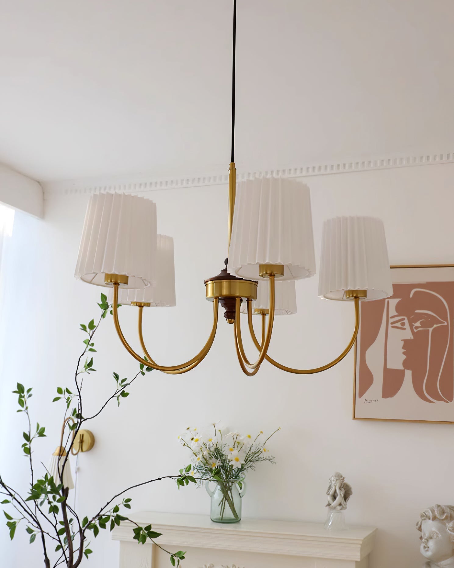 Jeremiah Chandelier Pleated Fabric Shades Brass Wood - Letslighting