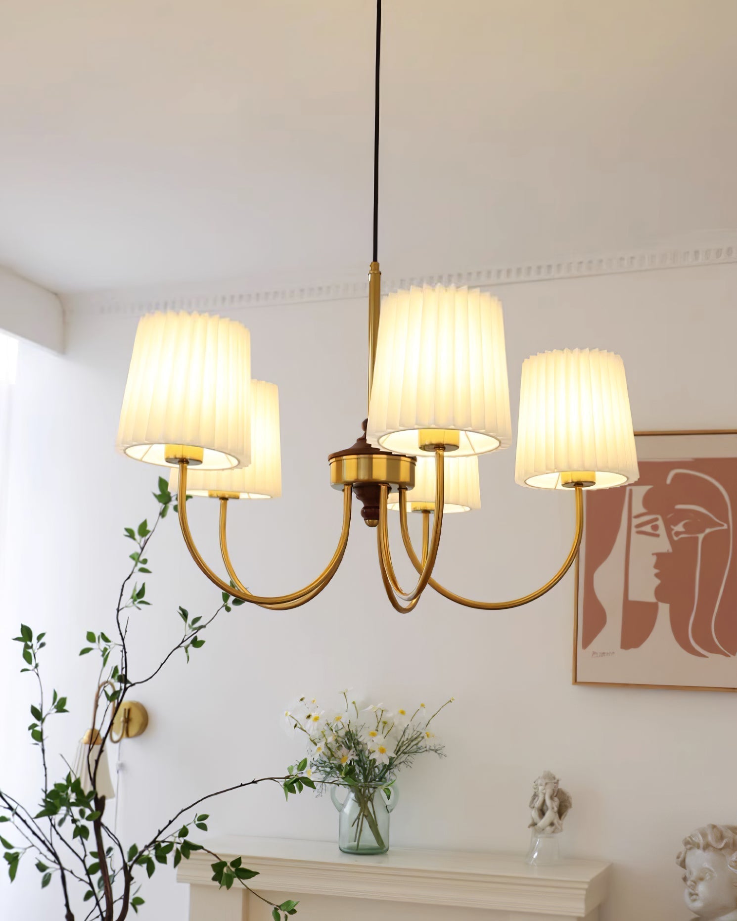 Jeremiah Chandelier Pleated Fabric Shades Brass Wood - Letslighting