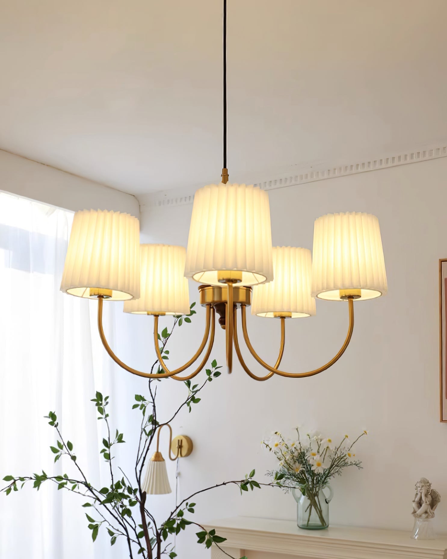 Jeremiah Chandelier Pleated Fabric Shades Brass Wood - Letslighting