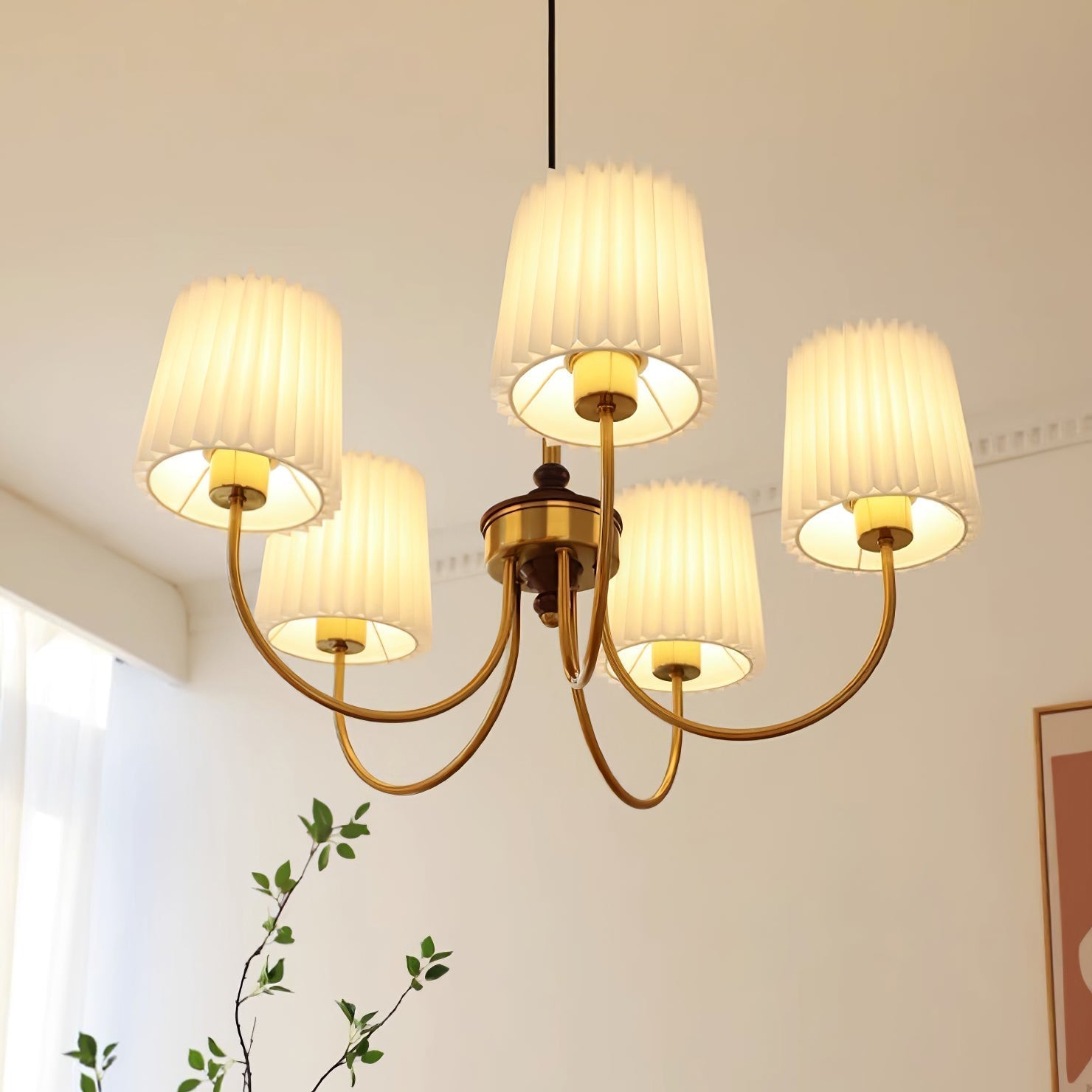 Jeremiah Chandelier Pleated Fabric Shades Brass Wood - Letslighting