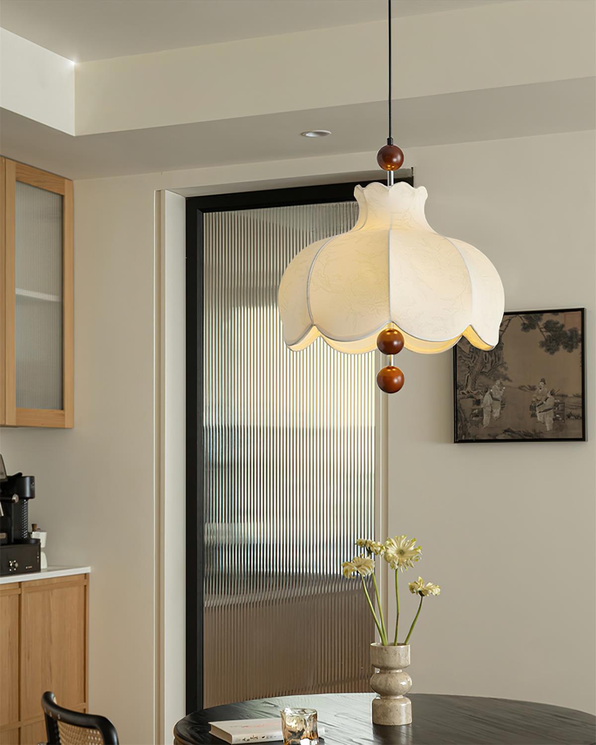 Oria Suspension avec abat-jour en tissu et accents en bois, style vintage, pour salon - Neutralighting