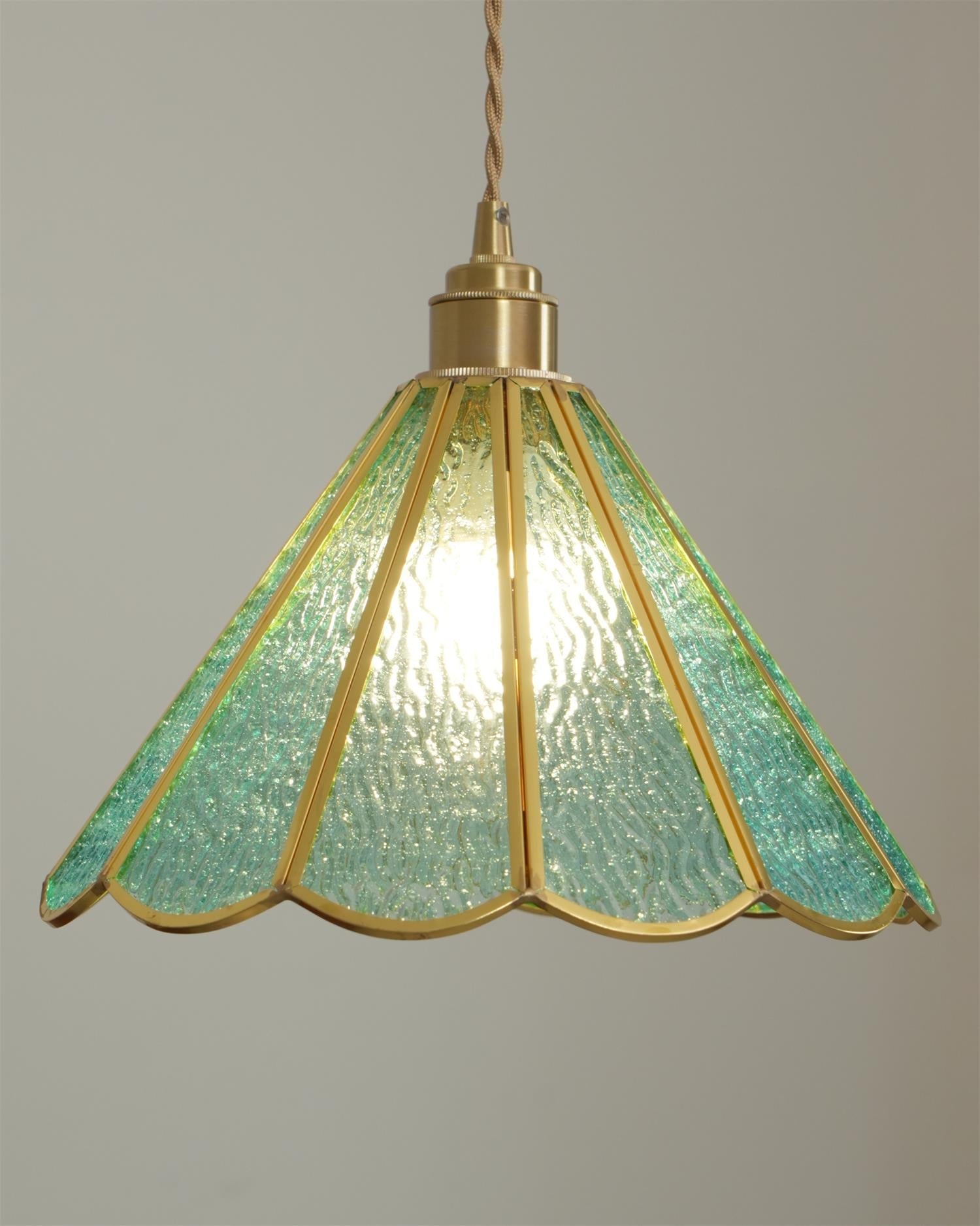 Suspension en Verre Bleu Texturé et Laiton Festonné Art Nouveau - Neutralighting