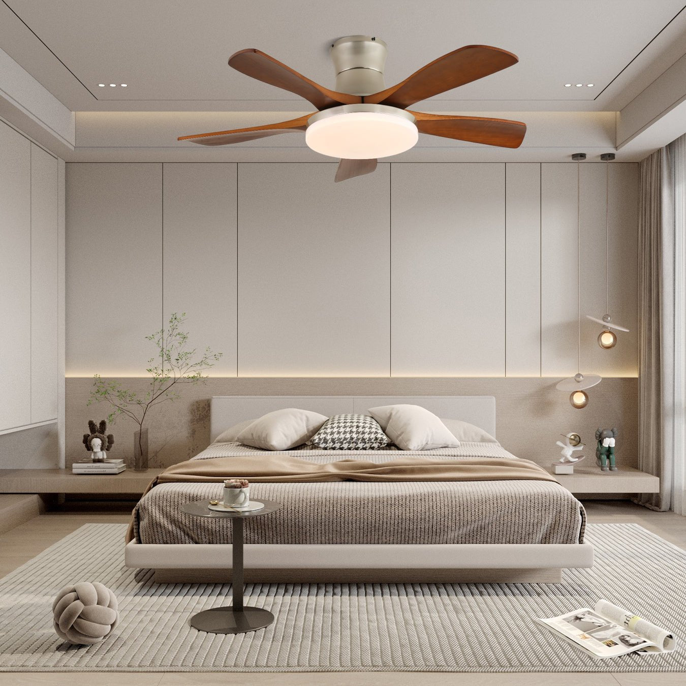Vue détaillée du cadre métallique et de l'abat-jour en acrylique du ventilateur de plafond luminaire Brevo.