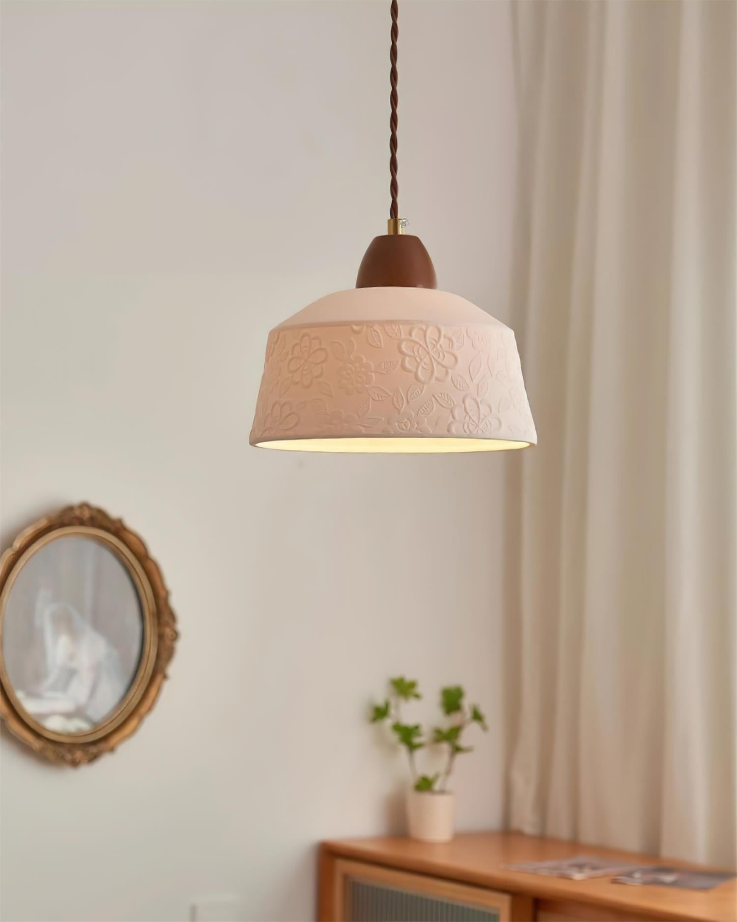 Pendant Lamp Textured Ceramic Drum Walnut Wood Retro - Letslighting