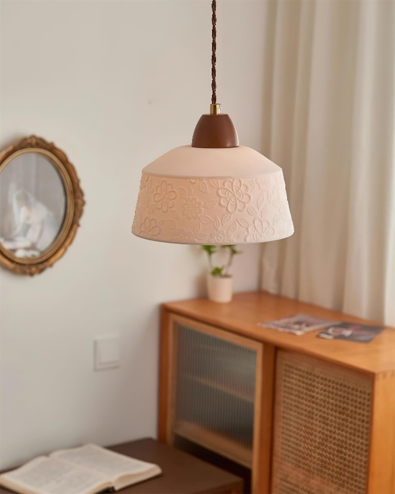 Pendant Lamp Textured Ceramic Drum Walnut Wood Retro - Letslighting