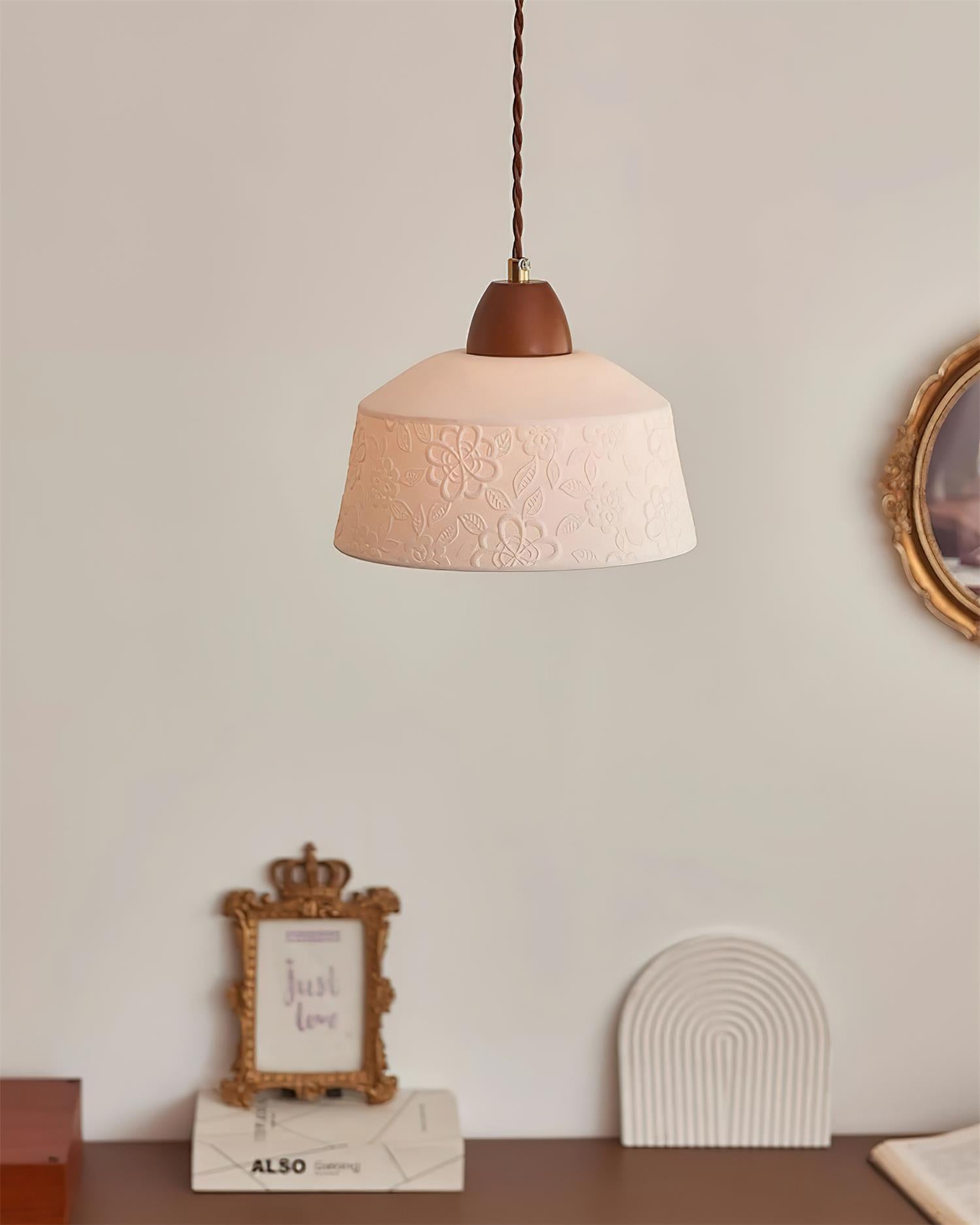 Pendant Lamp Textured Ceramic Drum Walnut Wood Retro - Letslighting
