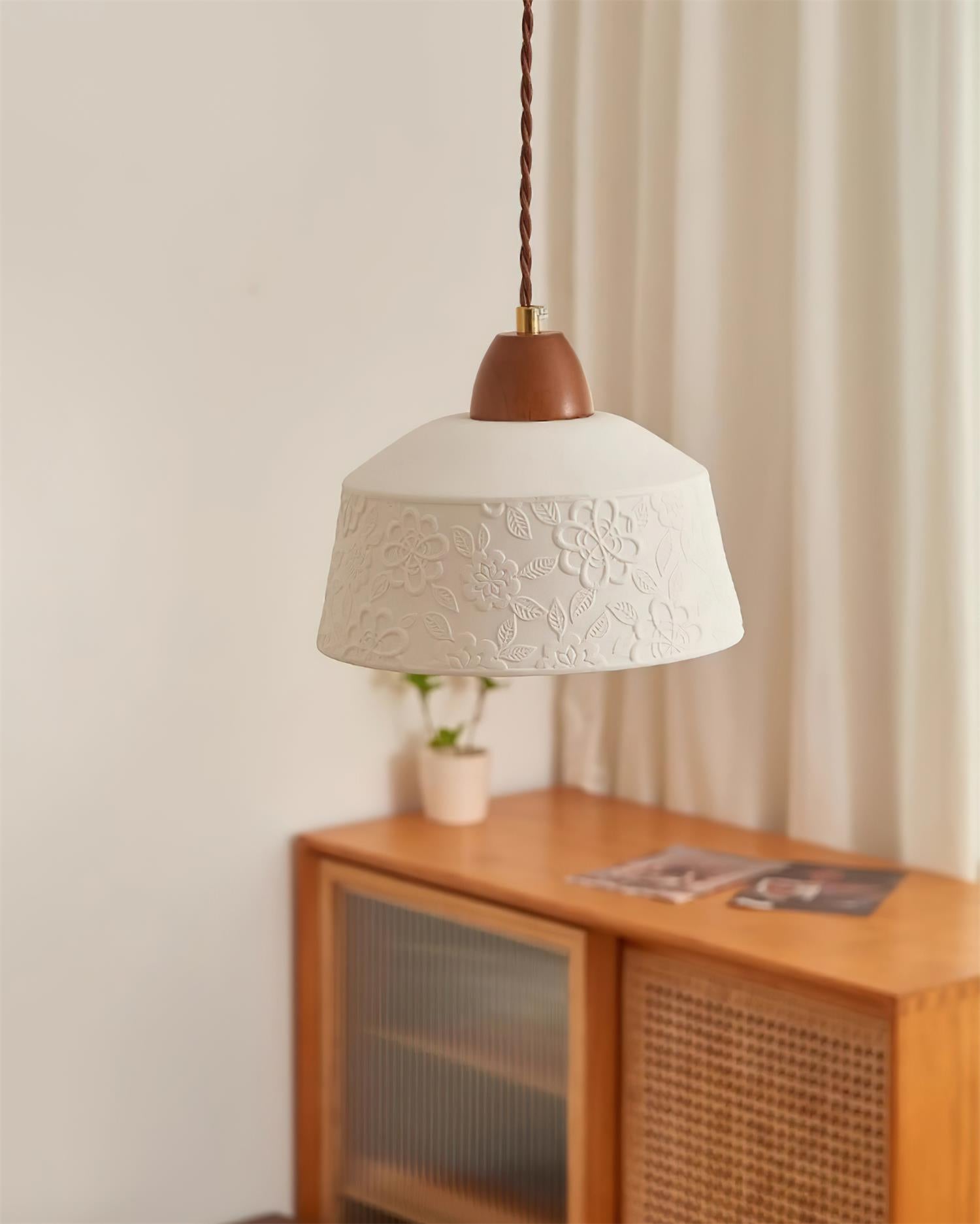 Pendant Lamp Textured Ceramic Drum Walnut Wood Retro - Letslighting