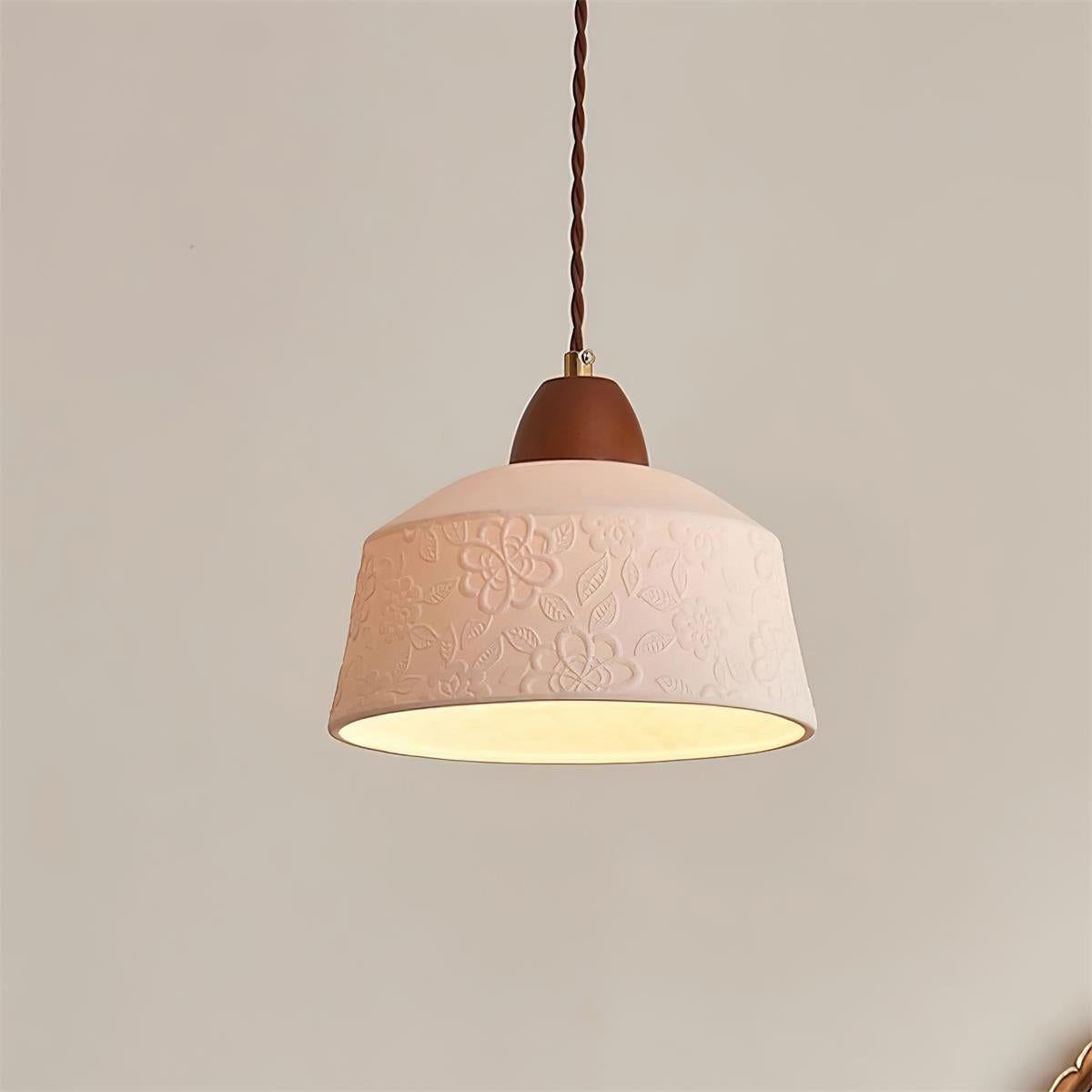 Pendant Lamp Textured Ceramic Drum Walnut Wood Retro - Letslighting