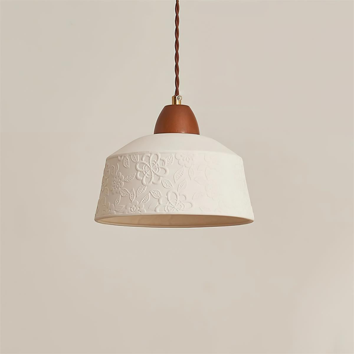 Pendant Lamp Textured Ceramic Drum Walnut Wood Retro - Letslighting