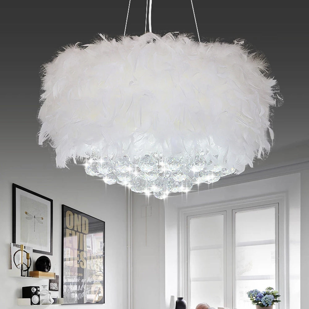 O'Moore Suspension Tambour Magnifique, Métal/Plume/Cristal, Blanc, Chambre à Coucher/Salon - Neutralighting