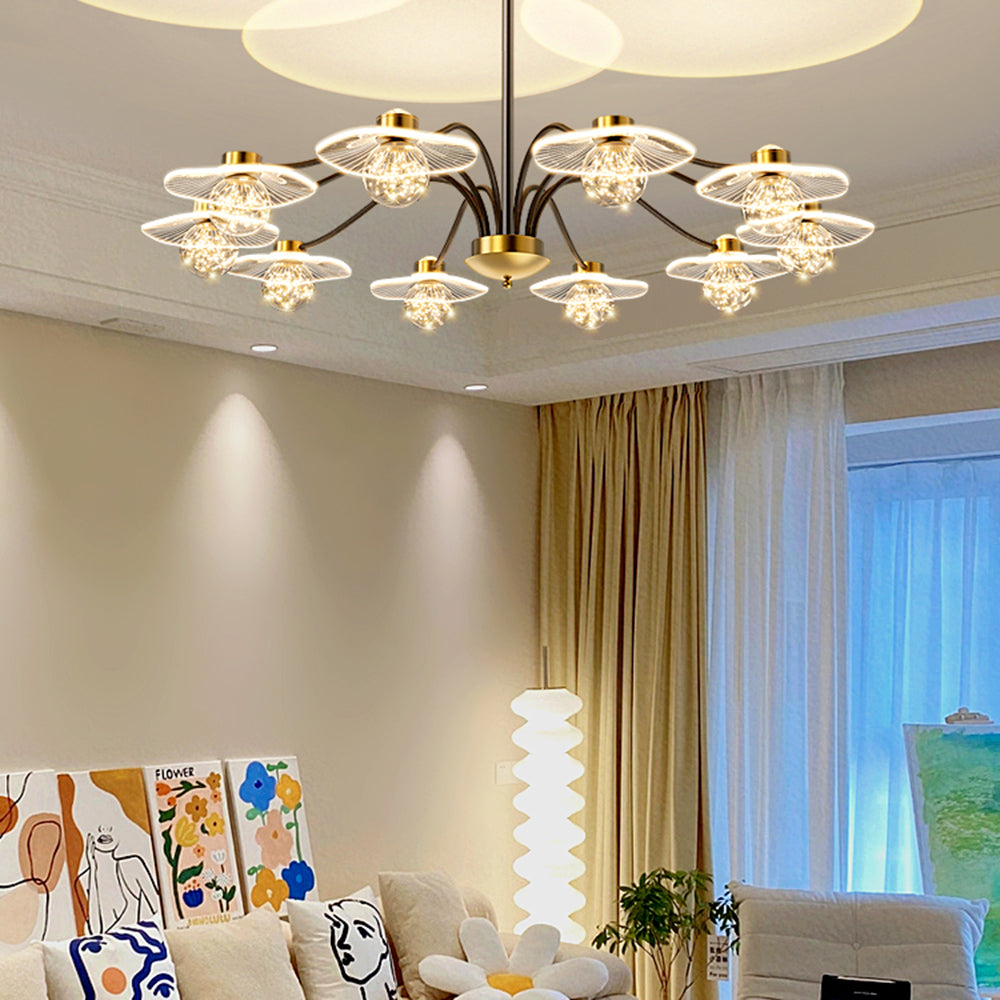 Arisha Suspension Multi Transitionnel, Métal/Acrylique/Verre, Doré, Salon/Chambre à Coucher - Neutralighting