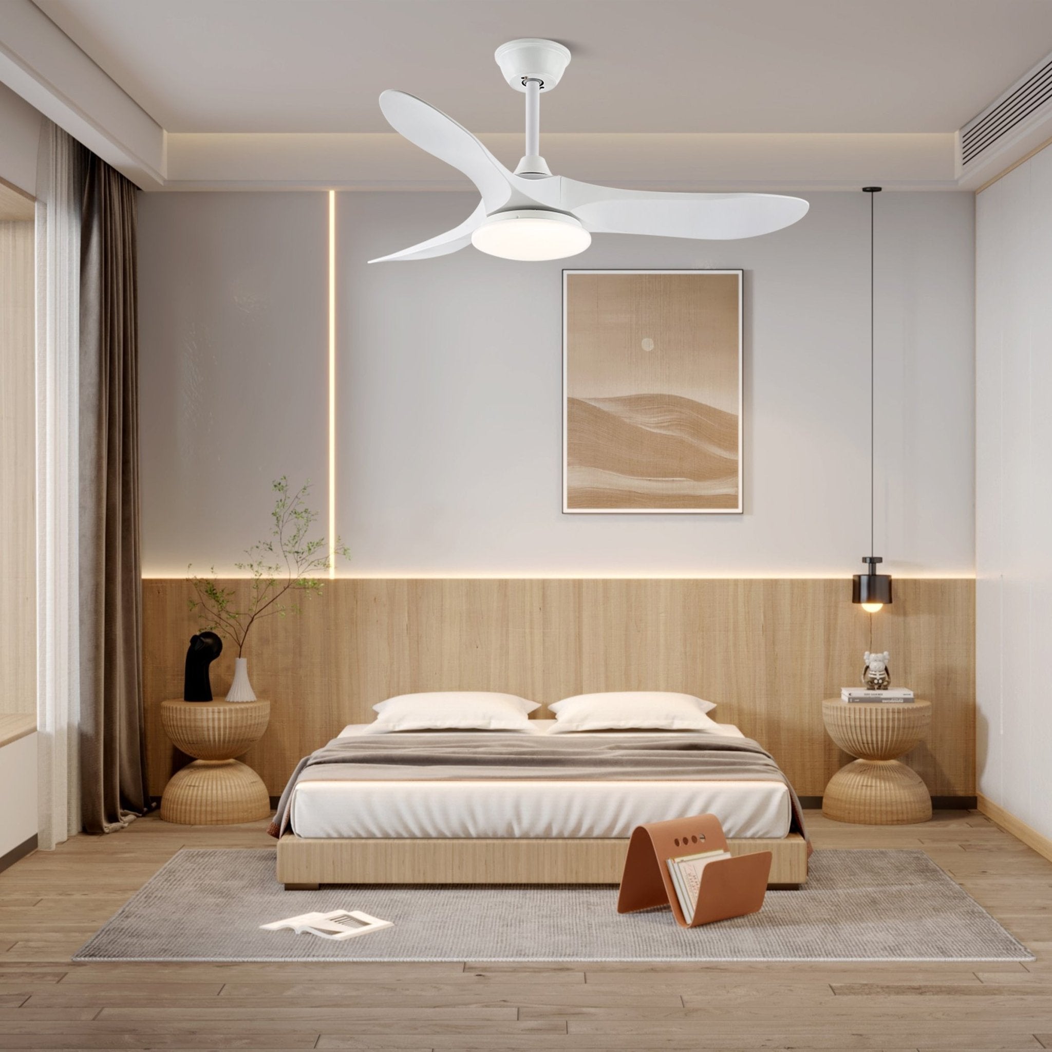 Plafonnier ventilateur moderne Velix installé au plafond