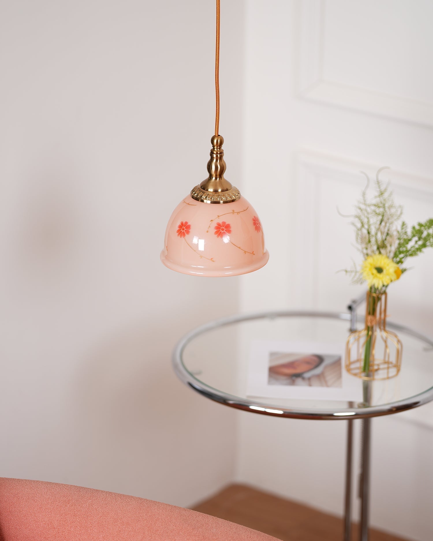 Suspension Laiton Verre Floral Modèle Dôme Ombre Ancien - Neutralighting