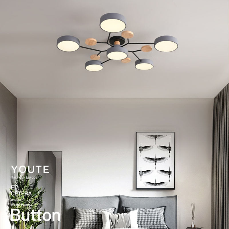 Arisha Plafonnier Rond Moderne, Métal/Bois, Blanc/Vert/Gris, Salon - Neutralighting