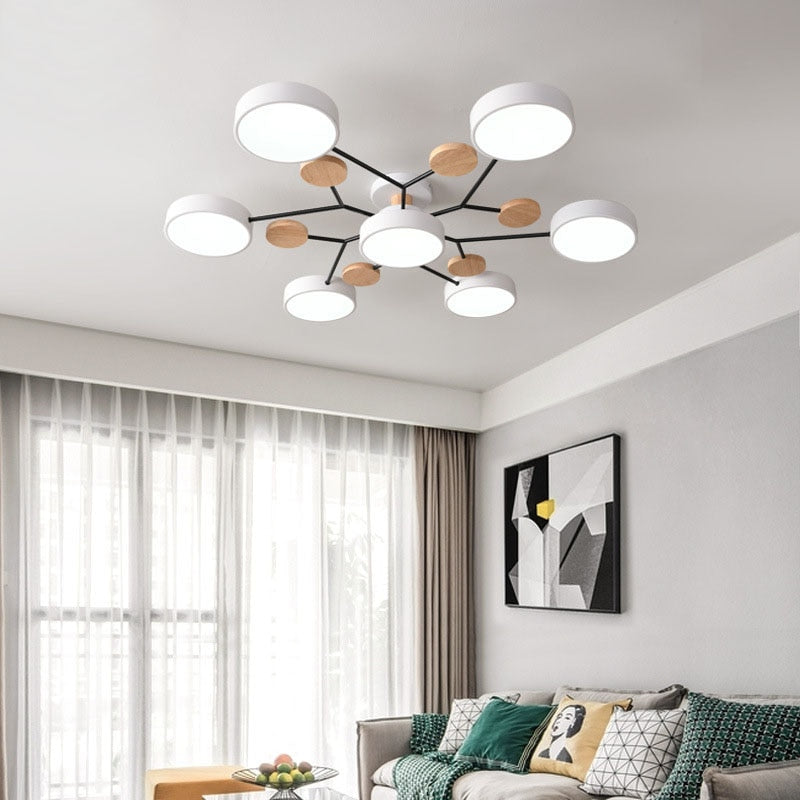 Arisha Plafonnier Rond Moderne, Métal/Bois, Blanc/Vert/Gris, Salon - Neutralighting