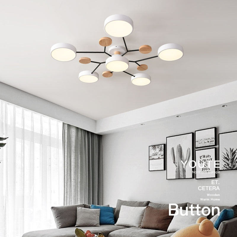 Arisha Plafonnier Rond Moderne, Métal/Bois, Blanc/Vert/Gris, Salon - Neutralighting