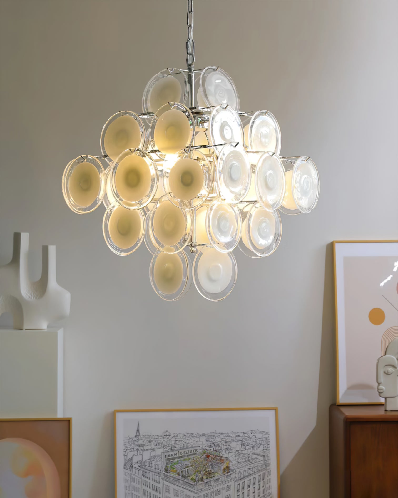 Aurora Chandelier White Murano Glass Discs Cluster - Letslighting