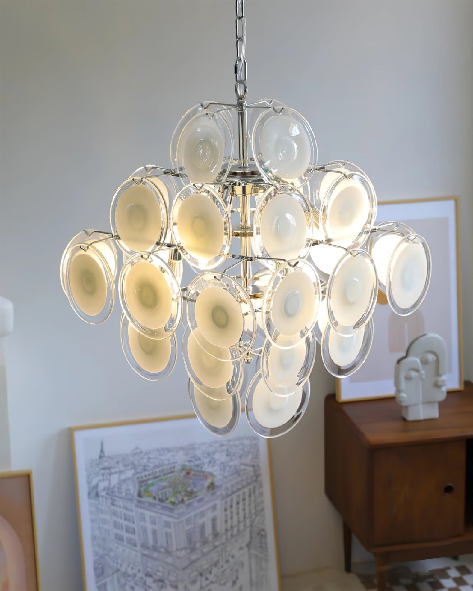 Aurora Chandelier White Murano Glass Discs Cluster - Letslighting